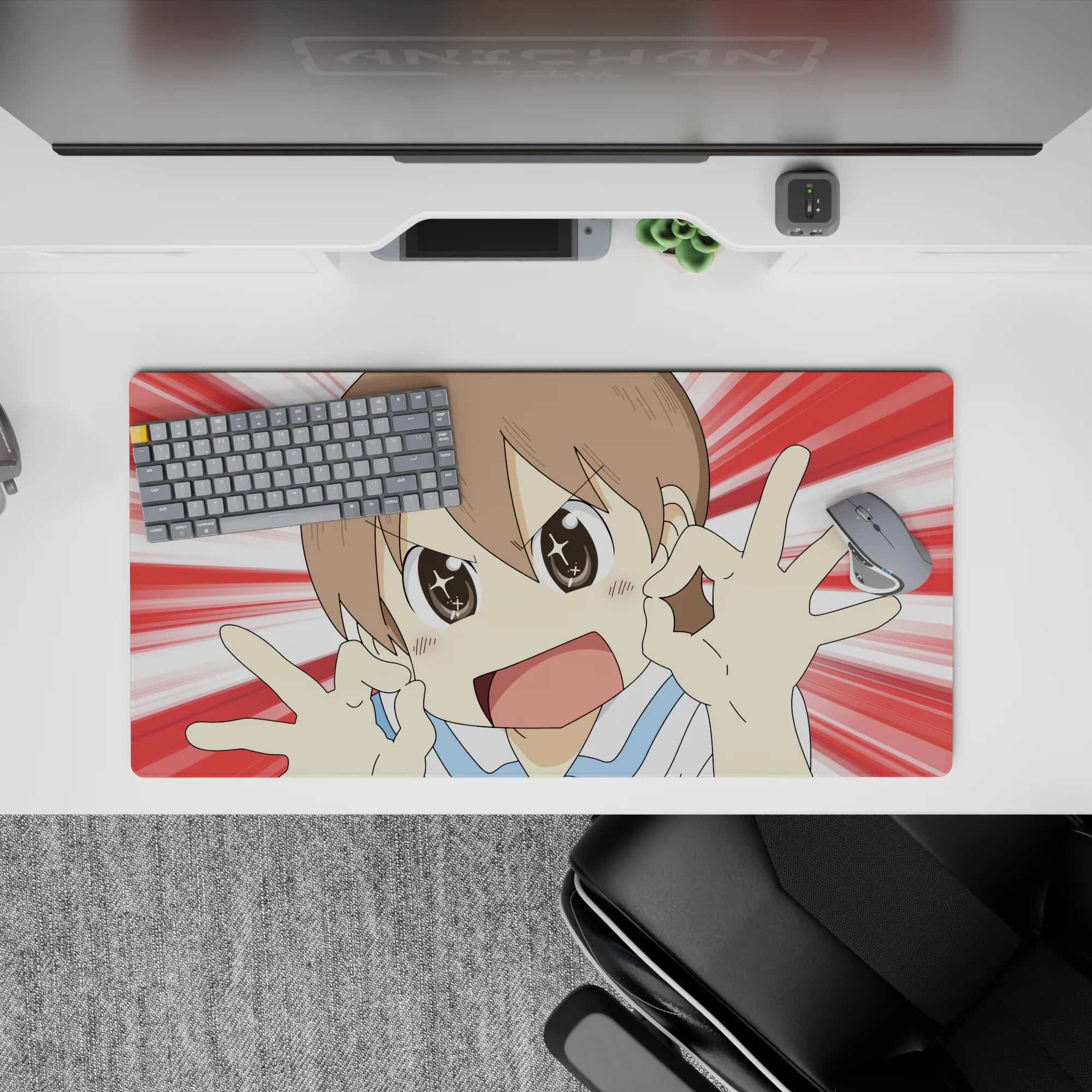 Red-and-white burst anime mouse pad 32x16 inches, bright, playful, clean print for desk joy.