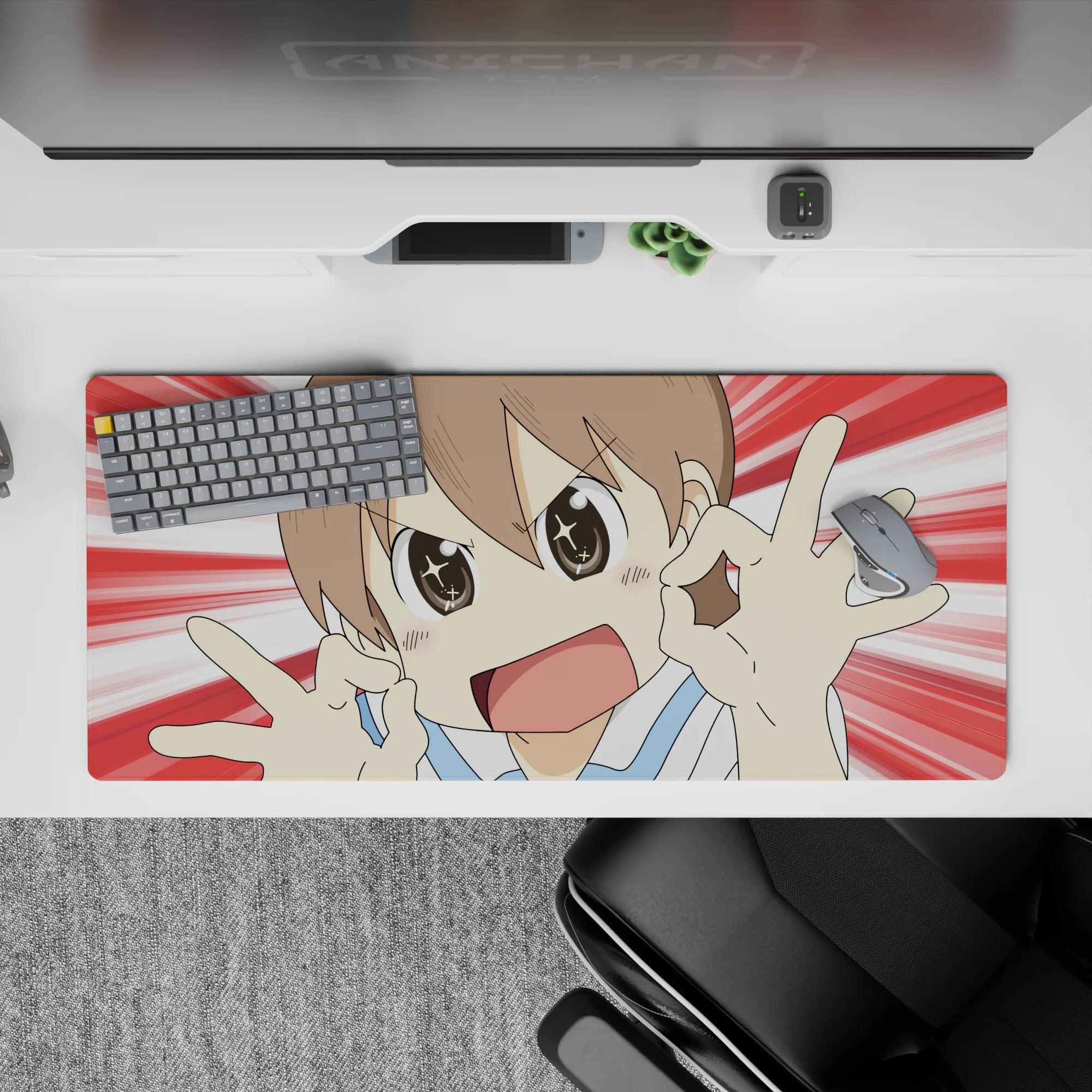 Red-and-white burst anime desk pad 36x16 inches, bright cheerful vibe and clean vivid print.