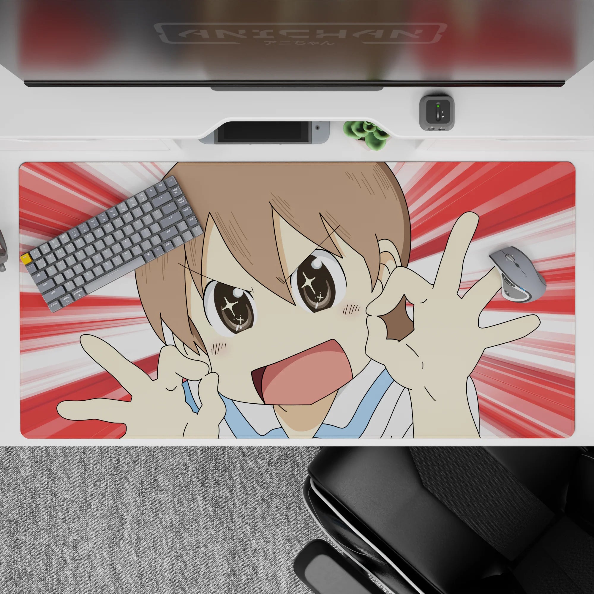 Vibrant red and white speedburst anime desk pad 40x20 inches, cheerful vibe and crisp print.