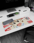 Short-haired anime girl in white top with blue trim smiling close-up mouse pad 32x12 inches.