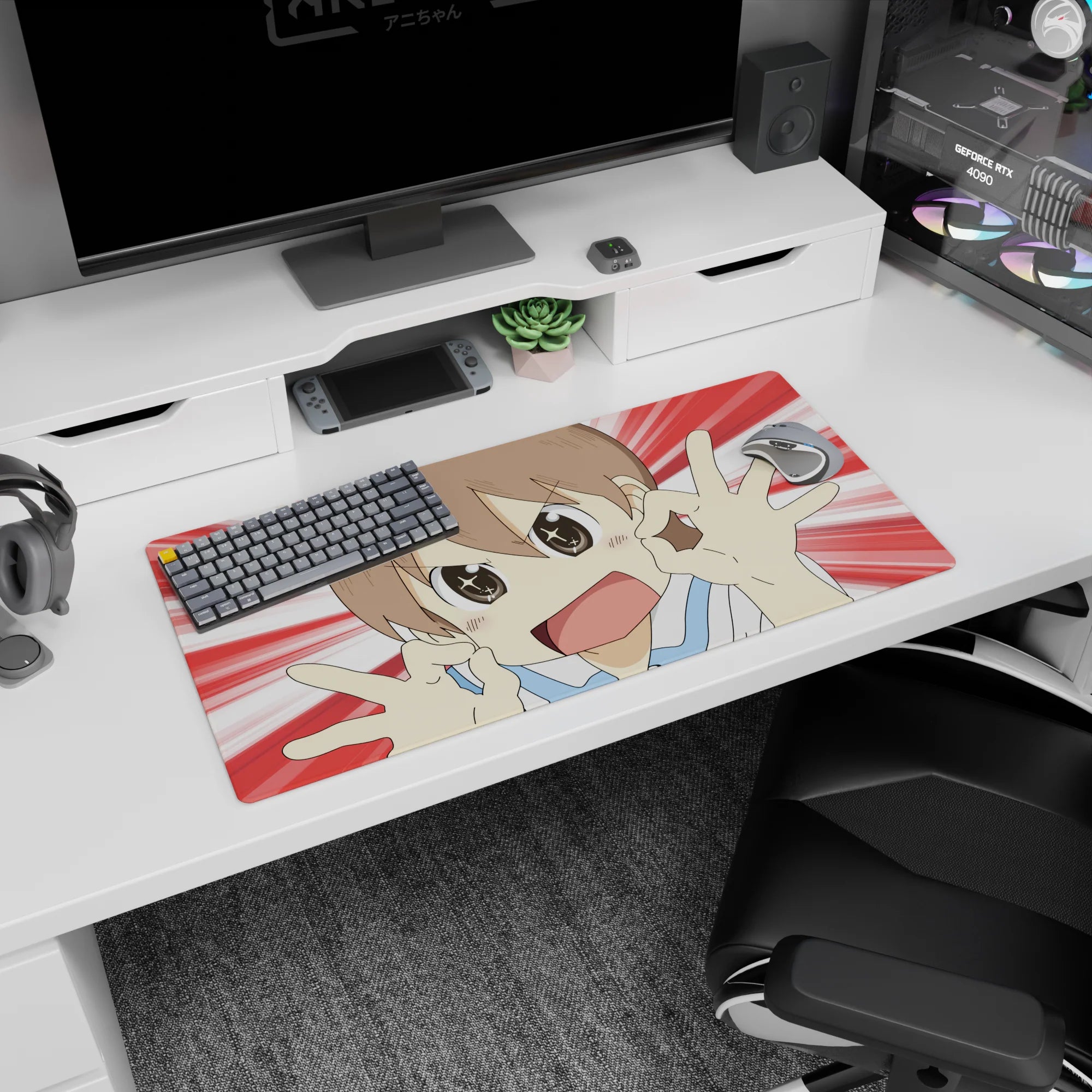 Close-up anime girl mouse pad 32x16 inches, short hair, big sparkling eyes, white top, OK pose.