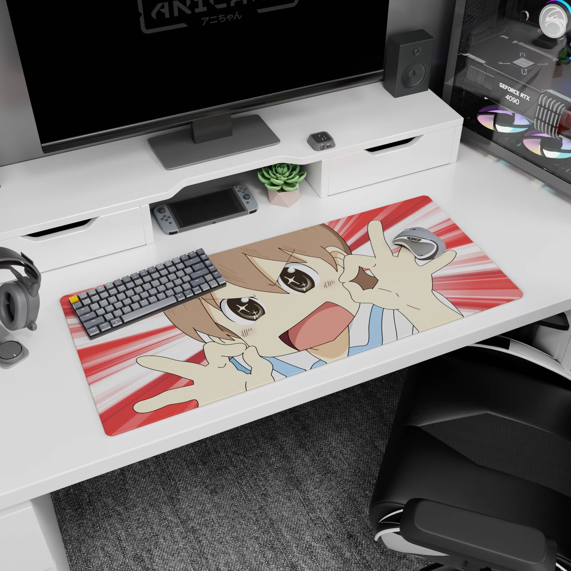 Short-haired anime girl desk pad 36x16 inches, big sparkling eyes, blush, OK hand signs up close.