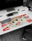 Short-haired anime girl desk pad 36x16 inches, big sparkling eyes, blush, OK hand signs up close.