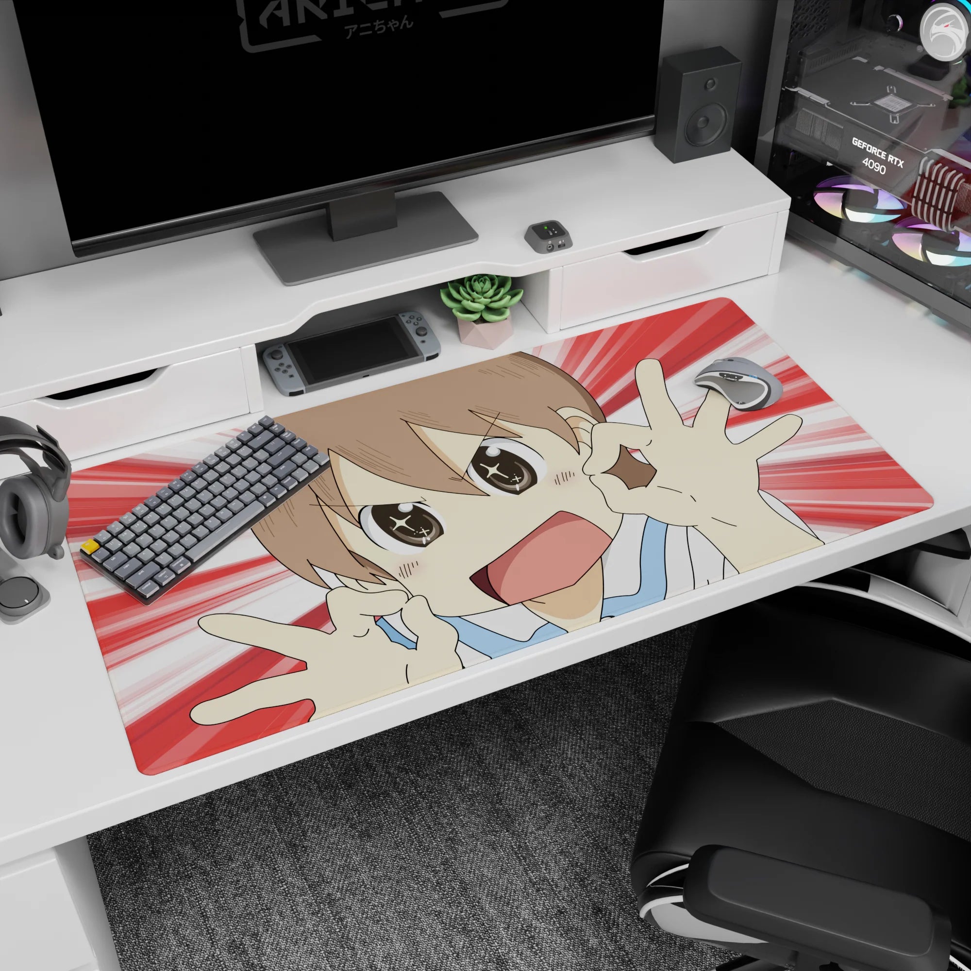 Short-haired anime girl with big sparkling eyes, blush cheeks, and OK signs on 40x20 inches desk pad.