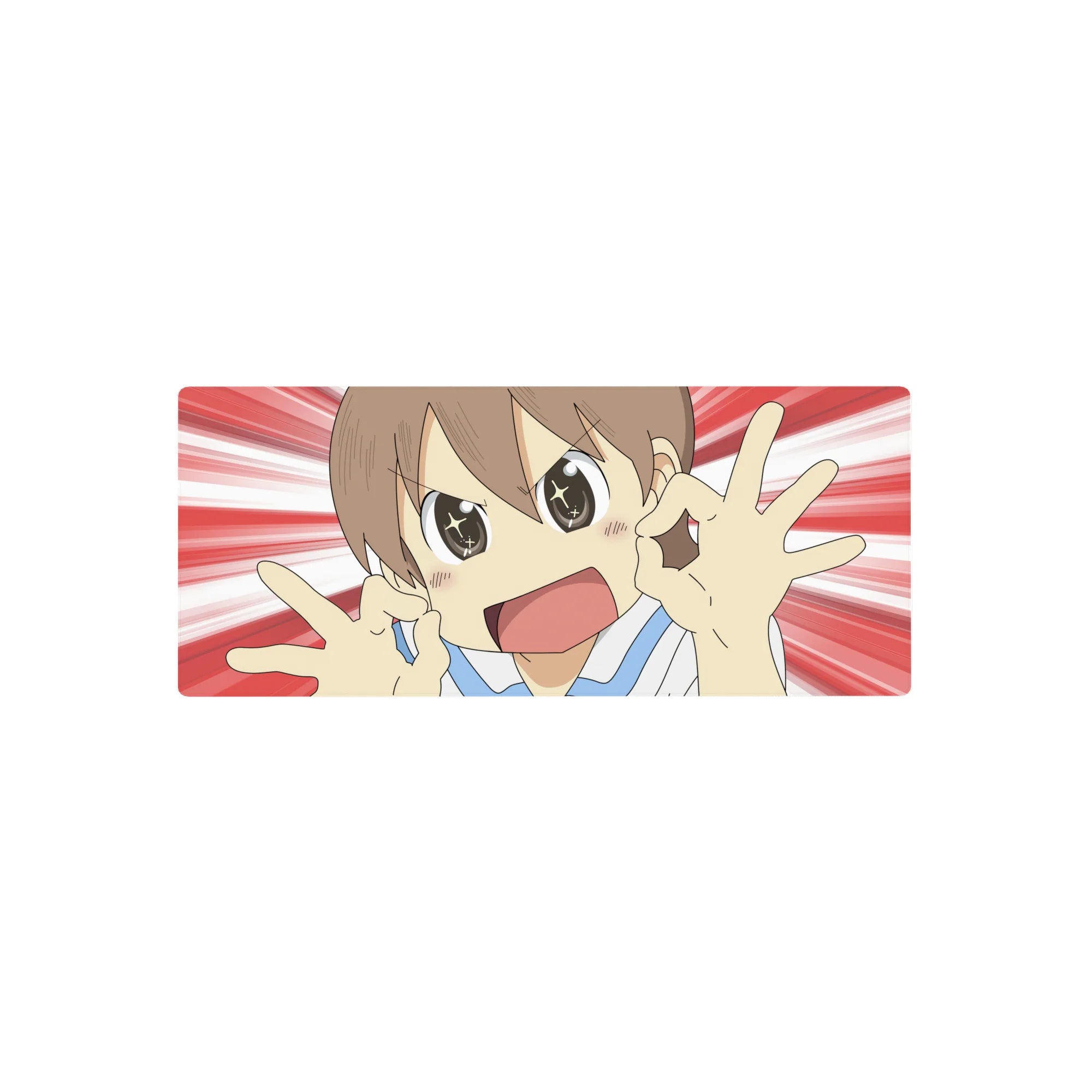 Anime girl mouse pad 28x12 inches with speedburst background and playful OK sign pose, smooth glide.