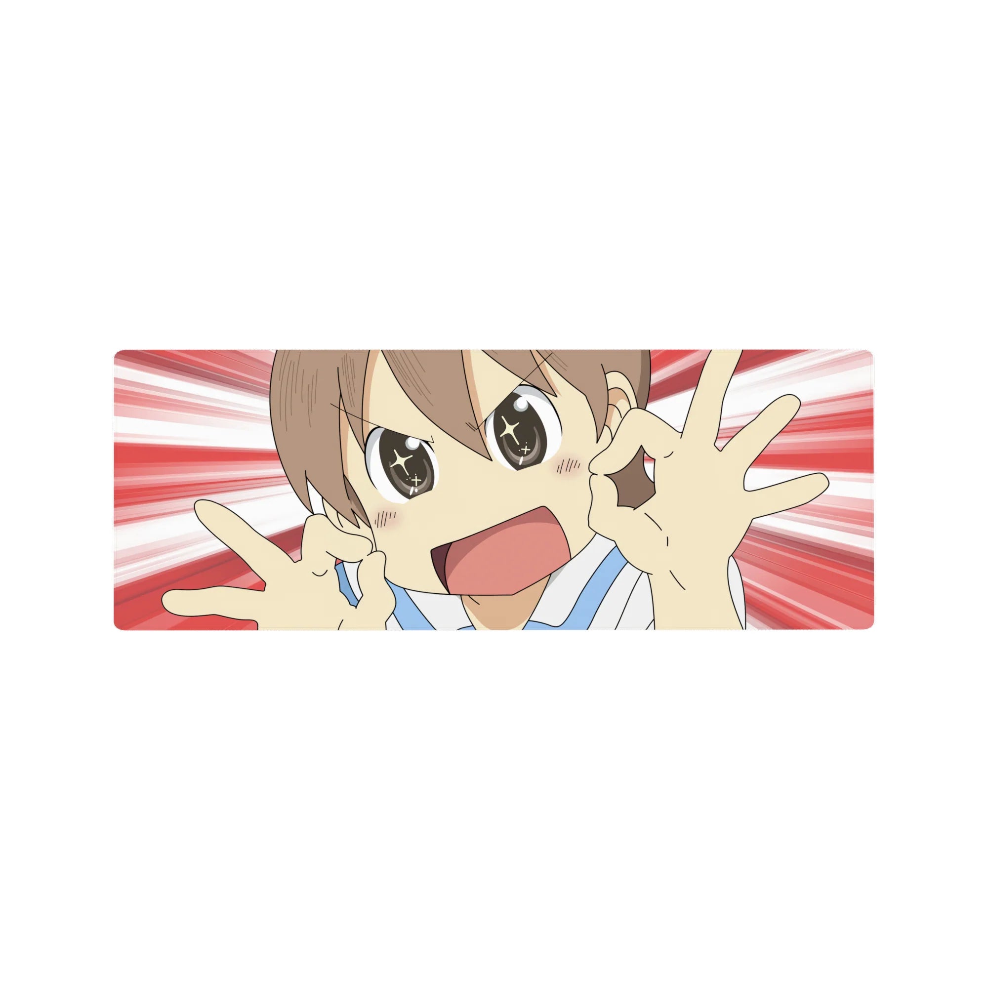 Anime girl mouse pad 32x12 inches with red-white speedburst background and playful OK hand signs.