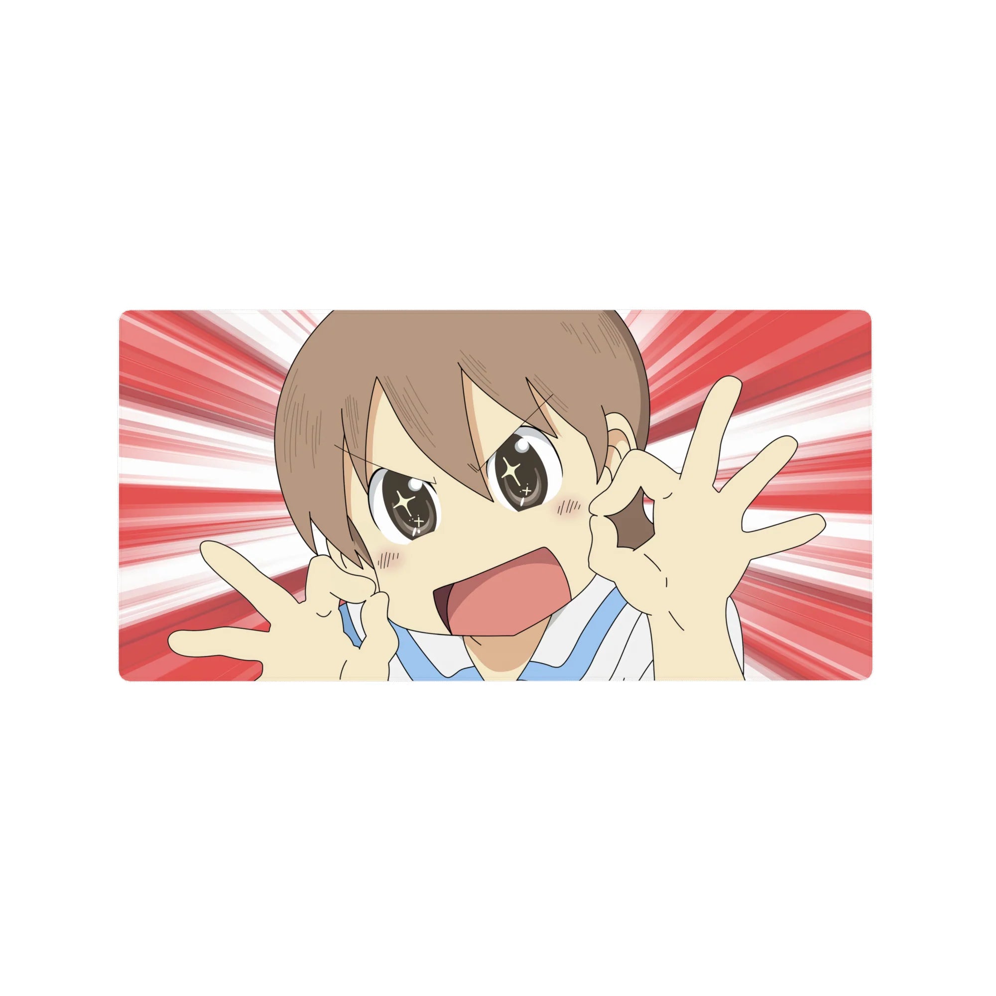 Anime girl mouse pad 32x16 inches with speedburst backdrop, smiling girl and OK hand signs.