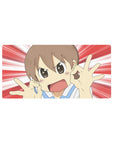 Anime girl mouse pad 32x16 inches with speedburst backdrop, smiling girl and OK hand signs.