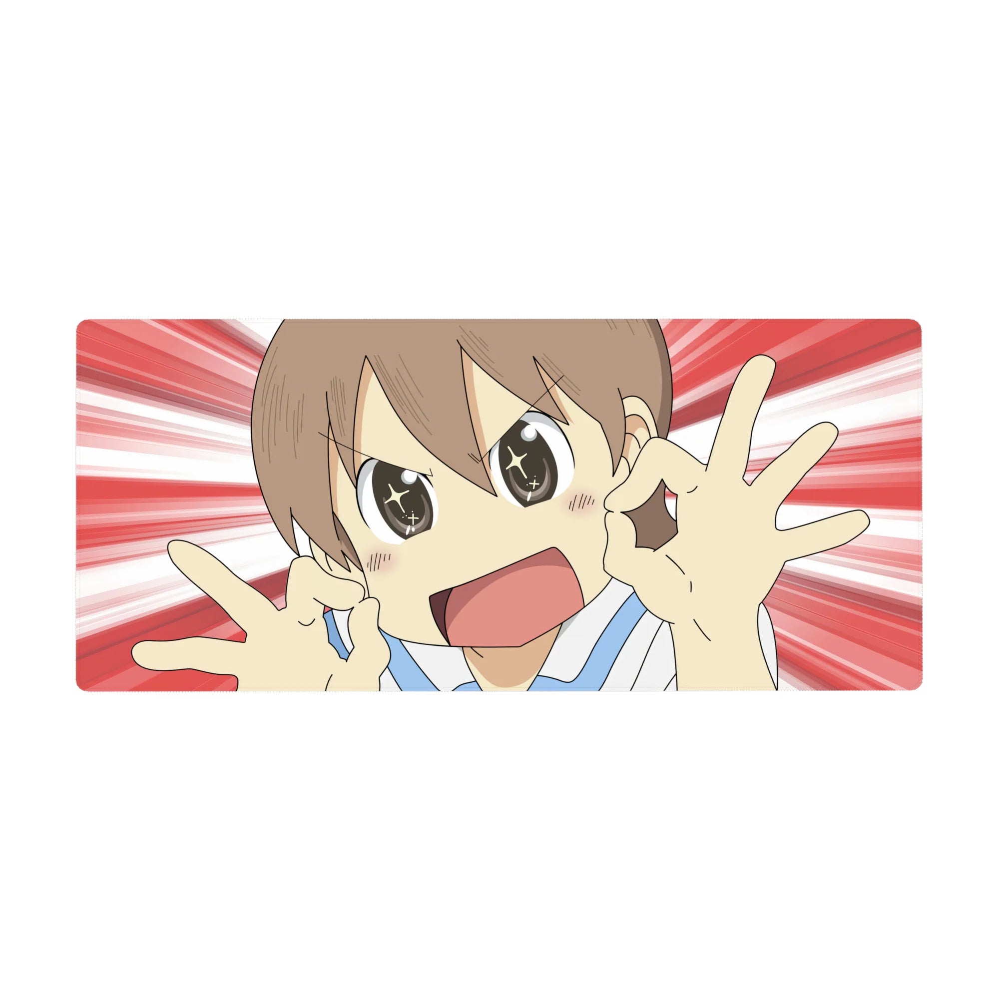 Anime girl desk pad 36x16 inches with speedburst backdrop, smiling character making OK signs.