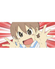 Anime girl desk pad 36x16 inches with speedburst backdrop, smiling character making OK signs.