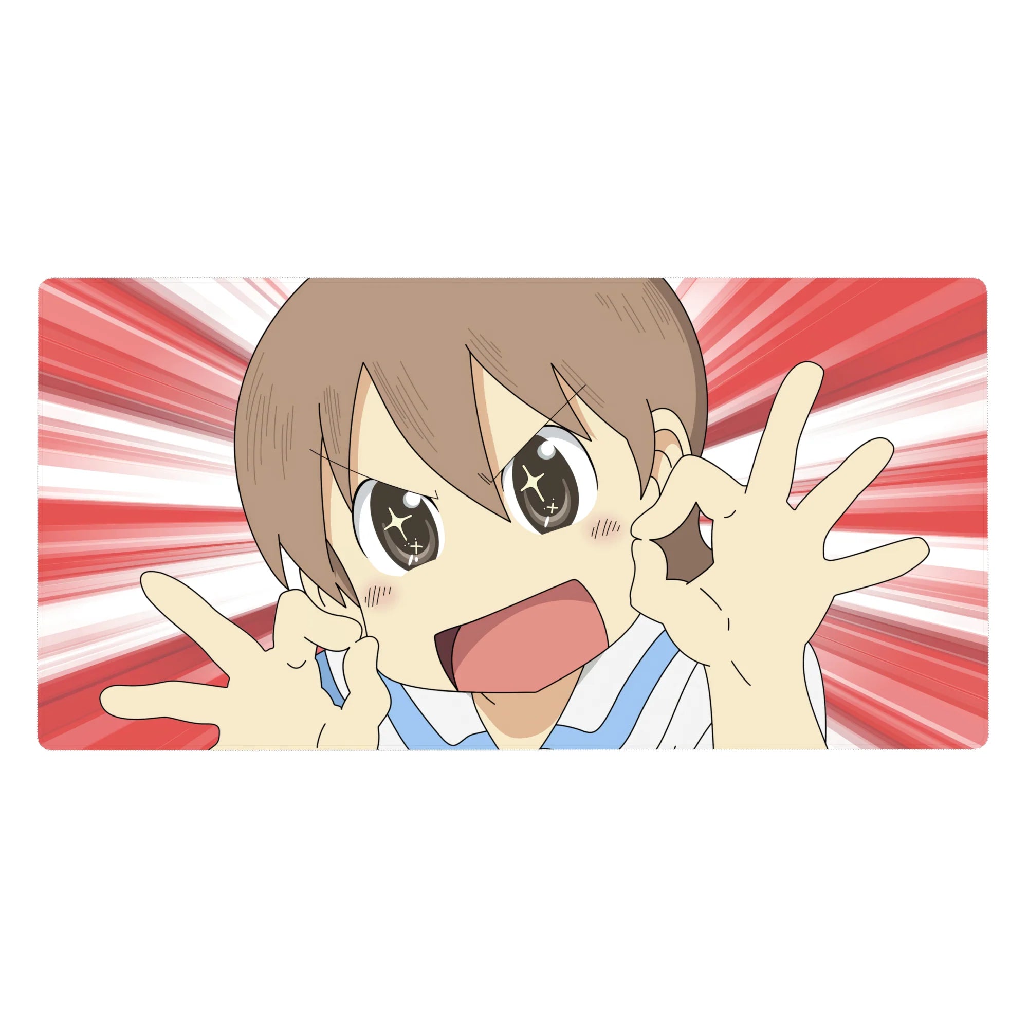 Anime girl desk pad 40x20 inches with red-white speedburst background and playful OK-sign pose.