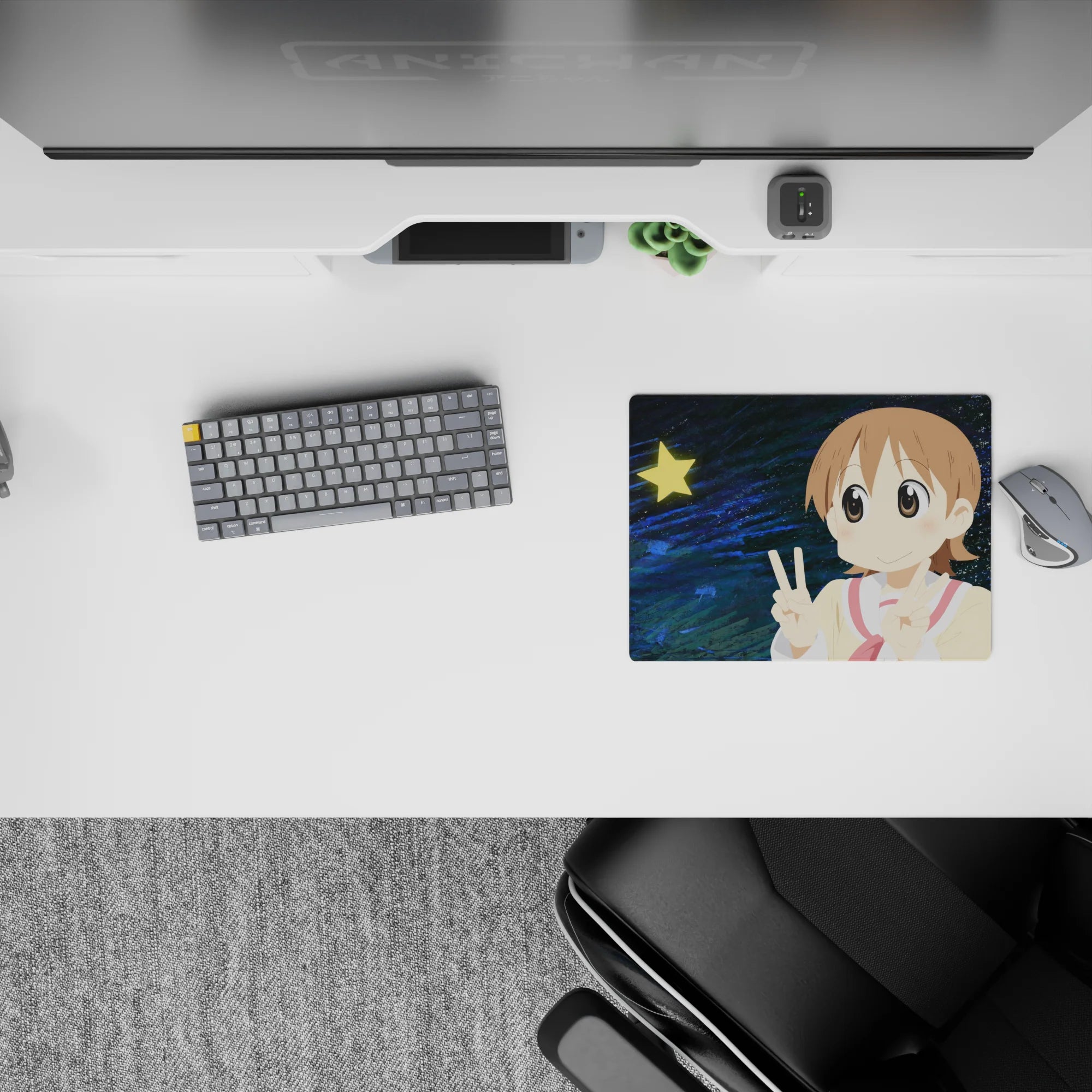 Midnight-blue swirls and bright yellow star anime mouse pad 14x10 inches, glossy eyes, warm cute vibes.