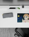 Midnight-blue swirls and bright yellow star anime mouse pad 14x10 inches, glossy eyes, warm cute vibes.