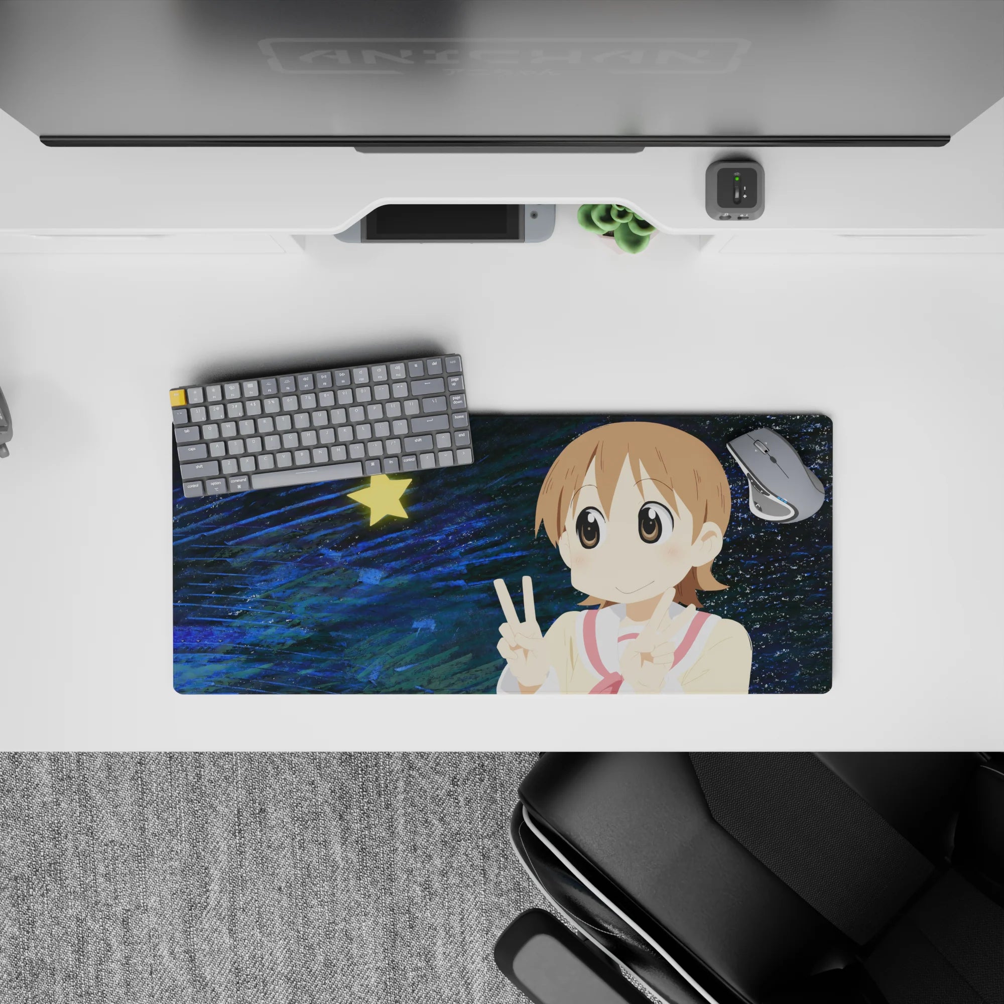 Cute pastel anime mouse pad 28x12 inches in cream, rosy red, sandy-brown, and deep blue swirls.