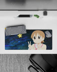 Cute pastel anime mouse pad 28x12 inches in cream, rosy red, sandy-brown, and deep blue swirls.