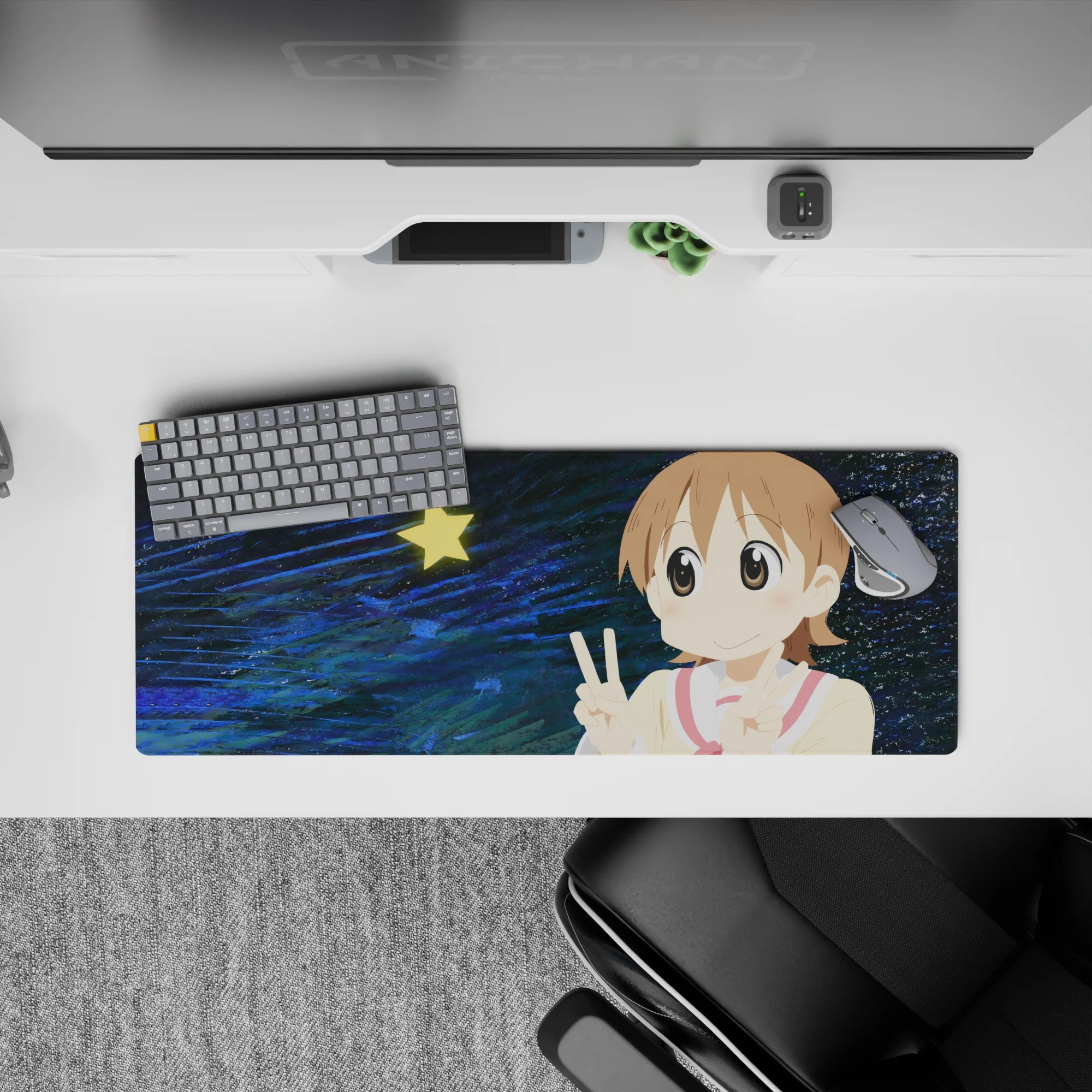 Cute midnight-blue anime mouse pad 32x12 inches with cream, red tie, yellow star, and happy vibes.