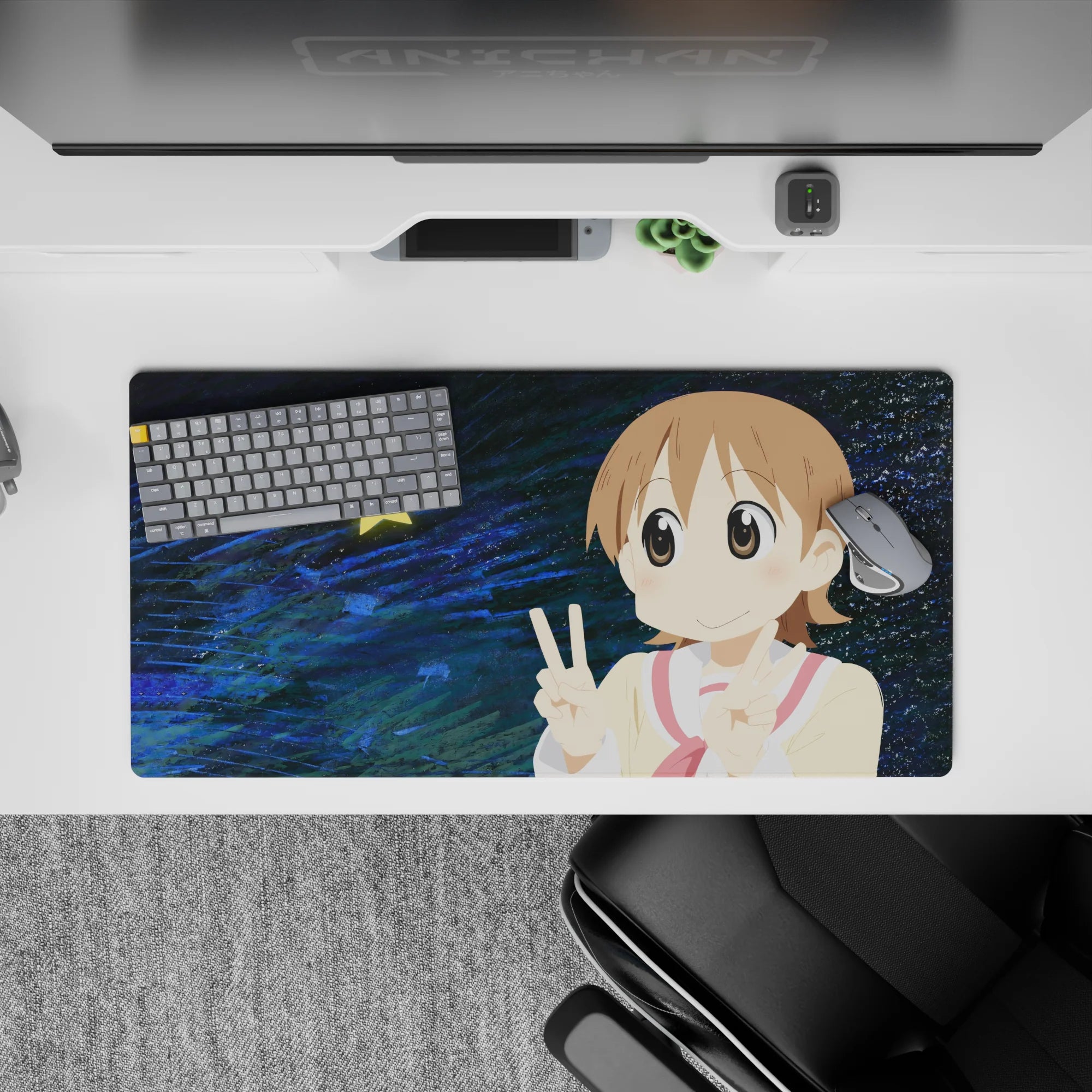 Cute midnight-blue swirl anime mouse pad 32x16 inches, creamy top and rosy accents for happy vibes.