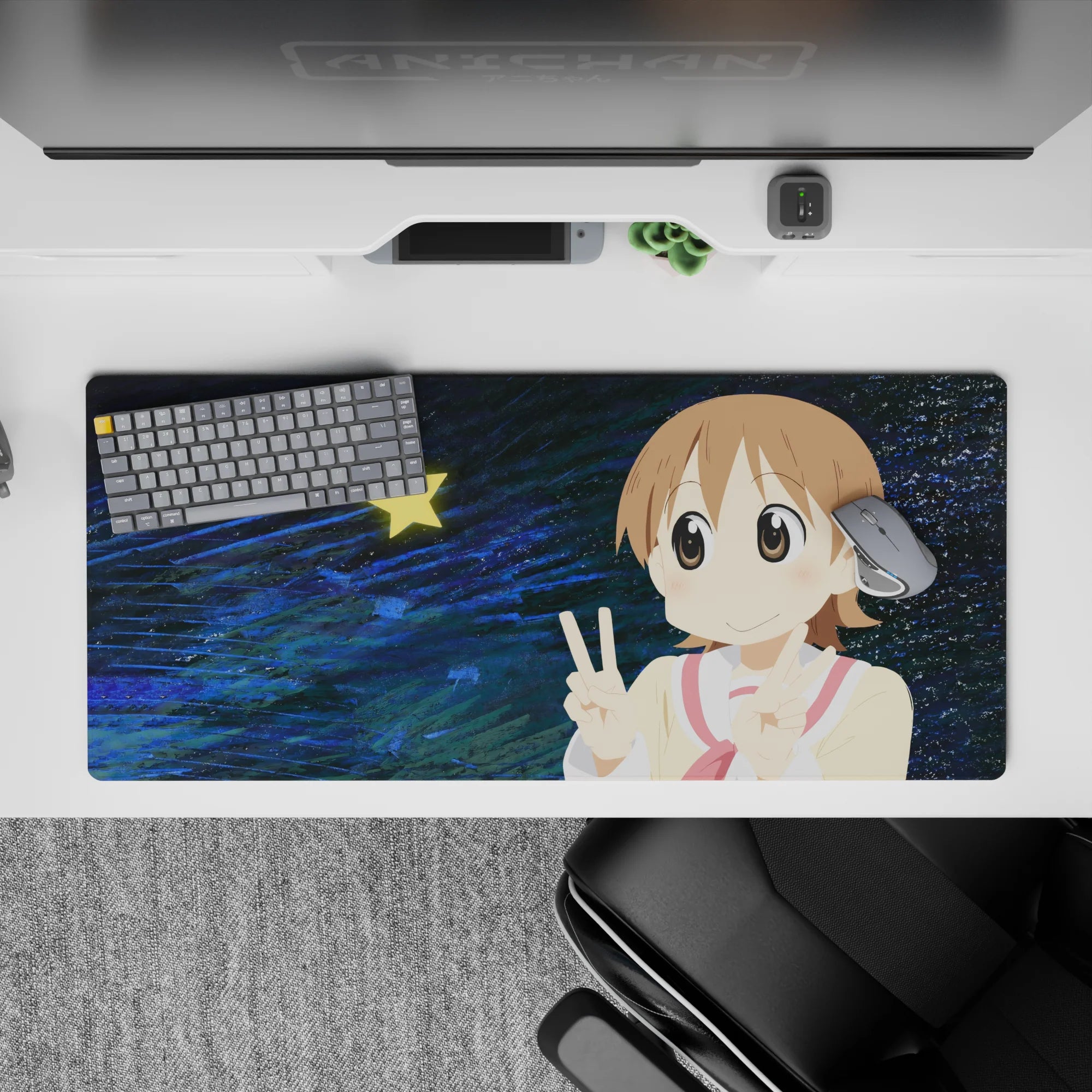 Cute pastel anime desk pad 36x16 inches in cream, rosy red, sandy-brown hair, deep blue swirls, bright star.