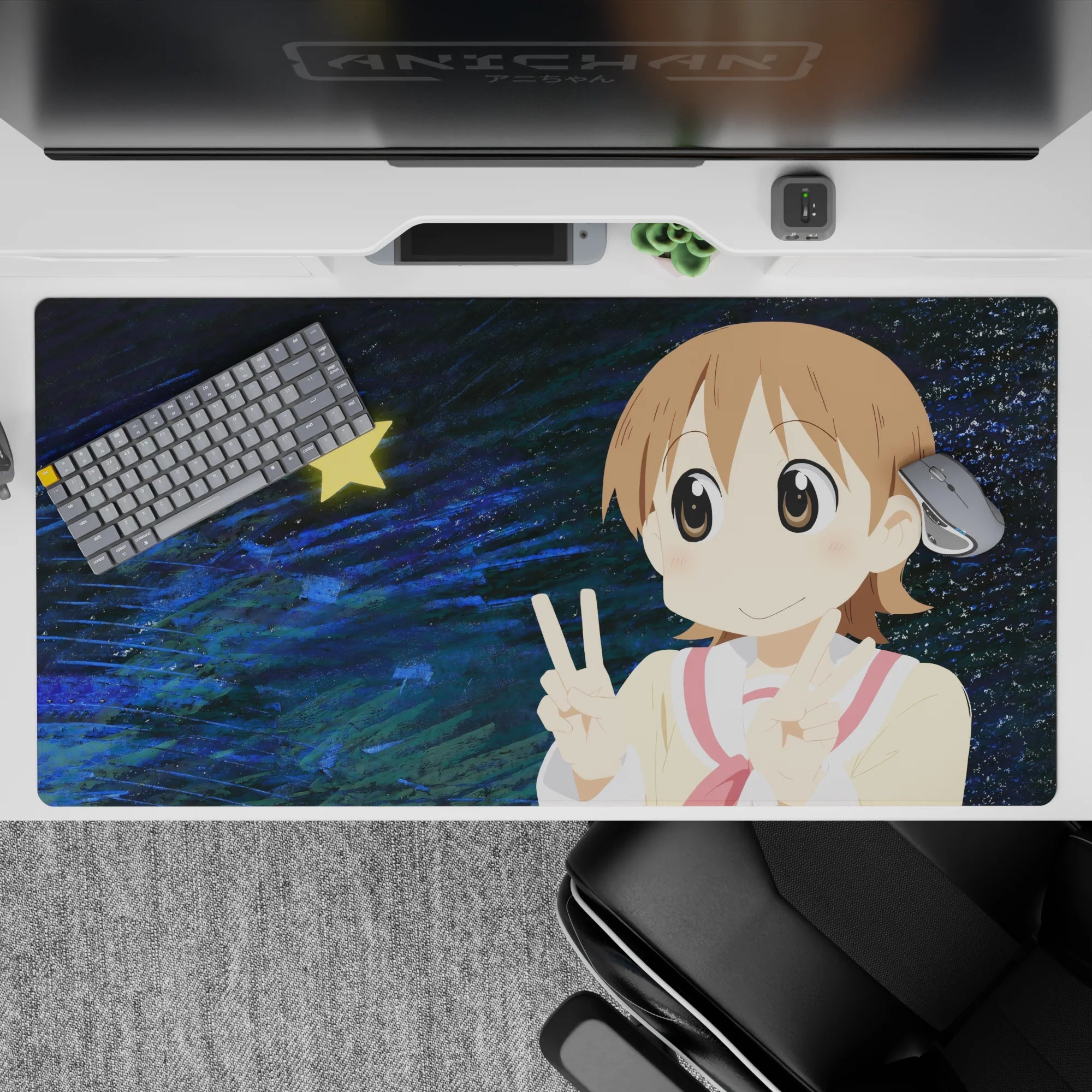 Cute anime desk pad 40x20 inches in cream, rosy red, sandy-brown, and deep midnight-blue for happy vibes.