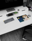 Cute anime girl flashing a double peace sign on mouse pad 14x10 inches, pink cheeks and sandy-brown hair.