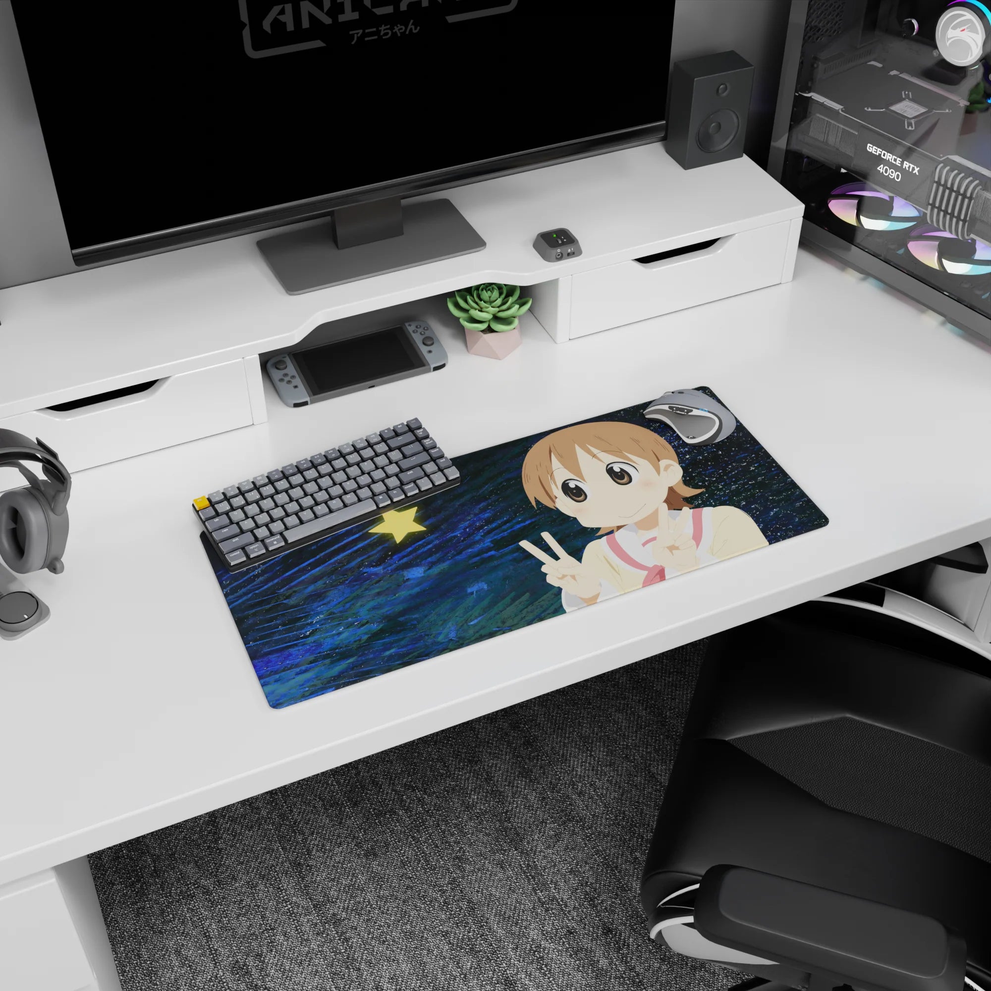 Big-eyed anime girl mouse pad 28x12 inches, pink cheeks, sandy-brown hair, flashing a double peace sign.