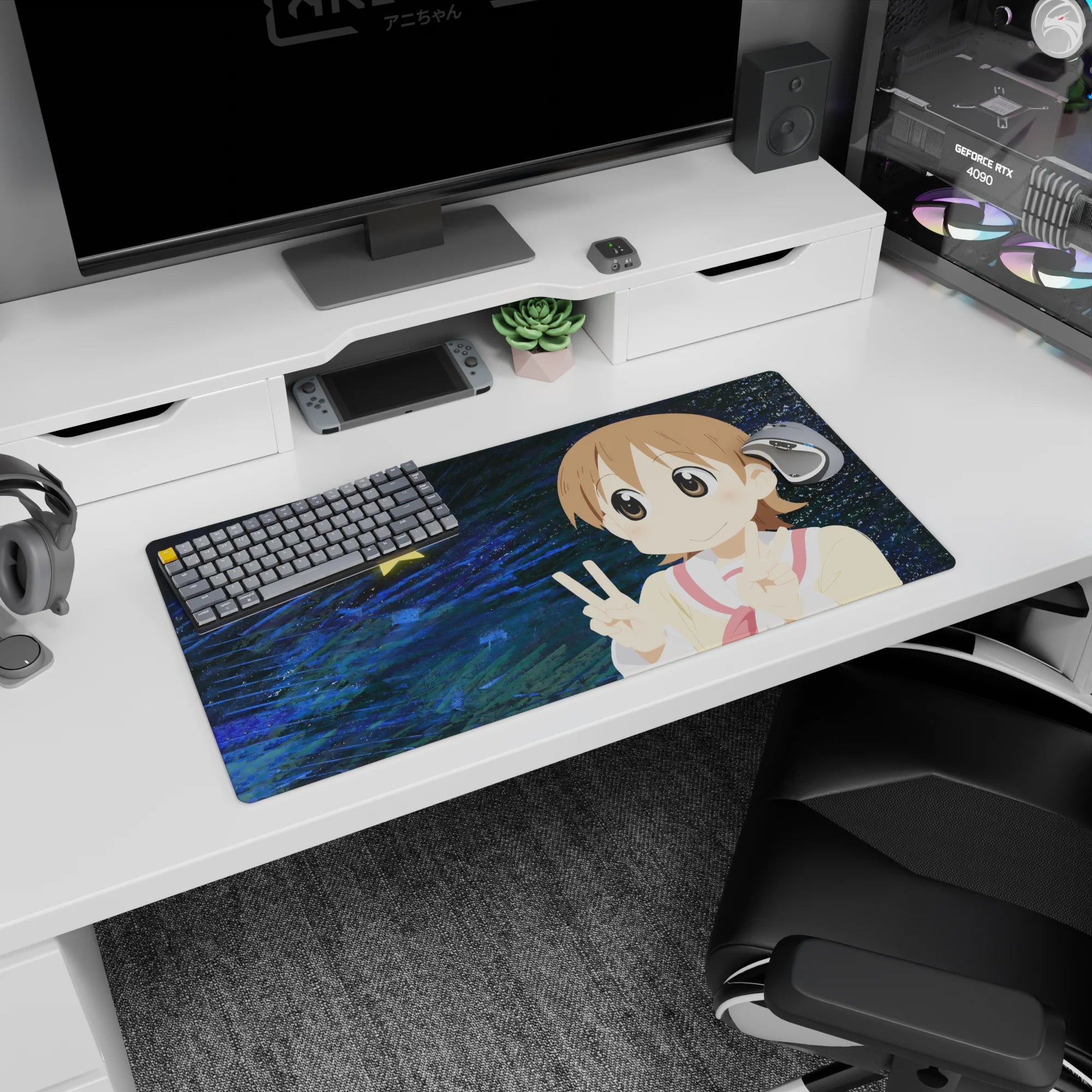 Big-eyed anime girl flashing double peace sign on mouse pad 32x16 inches, sandy-brown hair and pink cheeks.