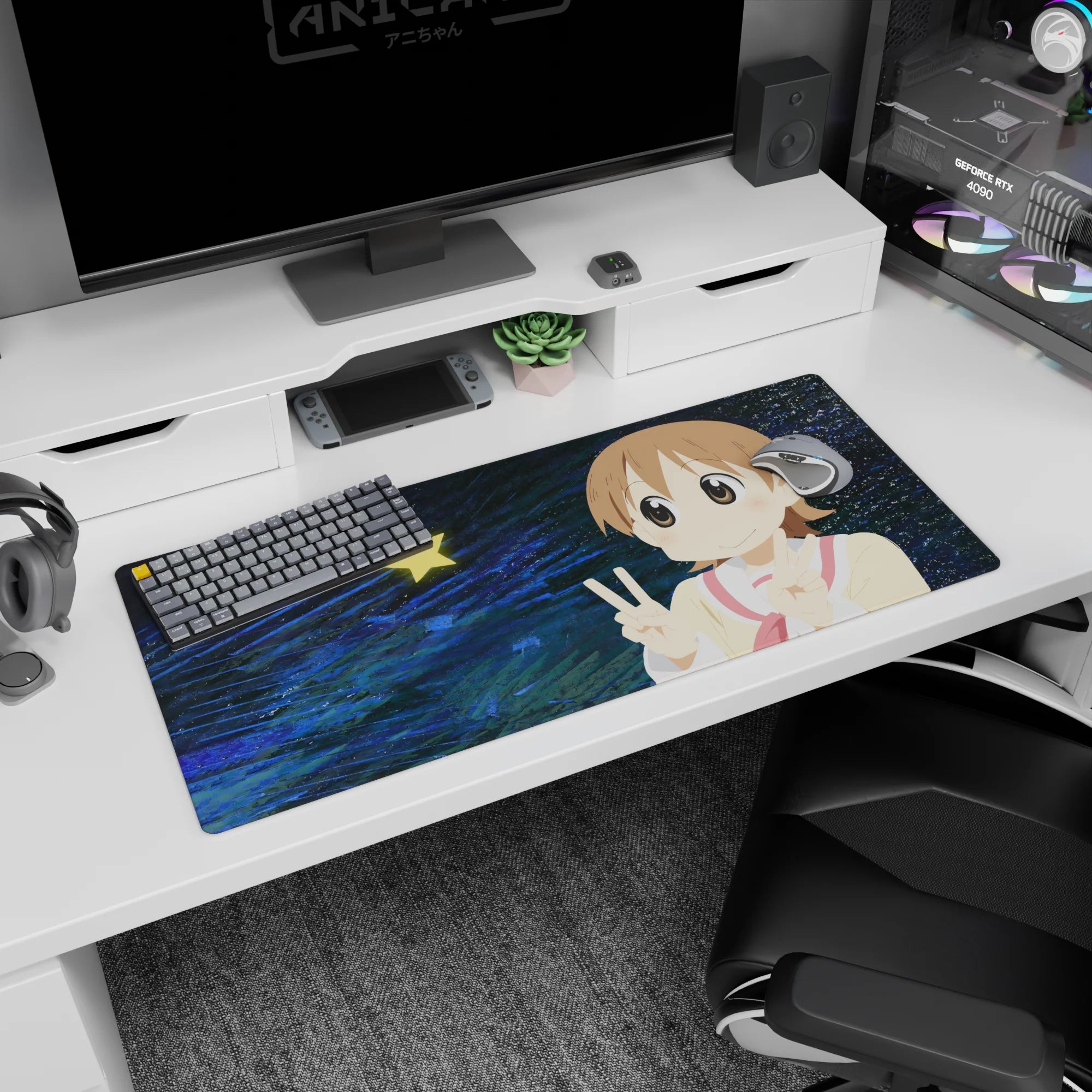 Kawaii anime girl desk pad 36x16 inches with glossy eyes, pink cheeks, and peace signs on a starry blue scene.