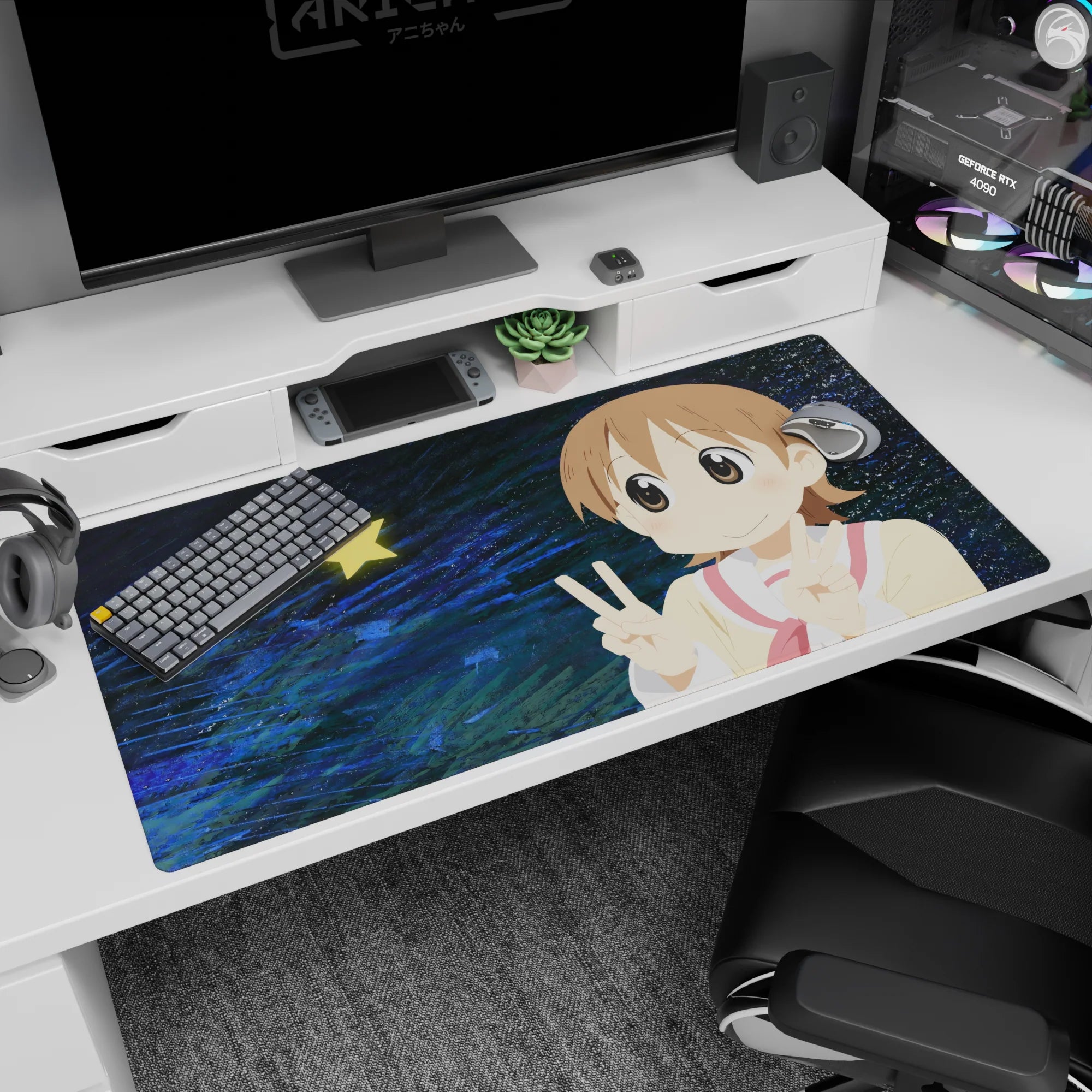 Big-eyed anime girl desk pad 40x20 inches with pink cheeks, sandy hair, and double peace pose.
