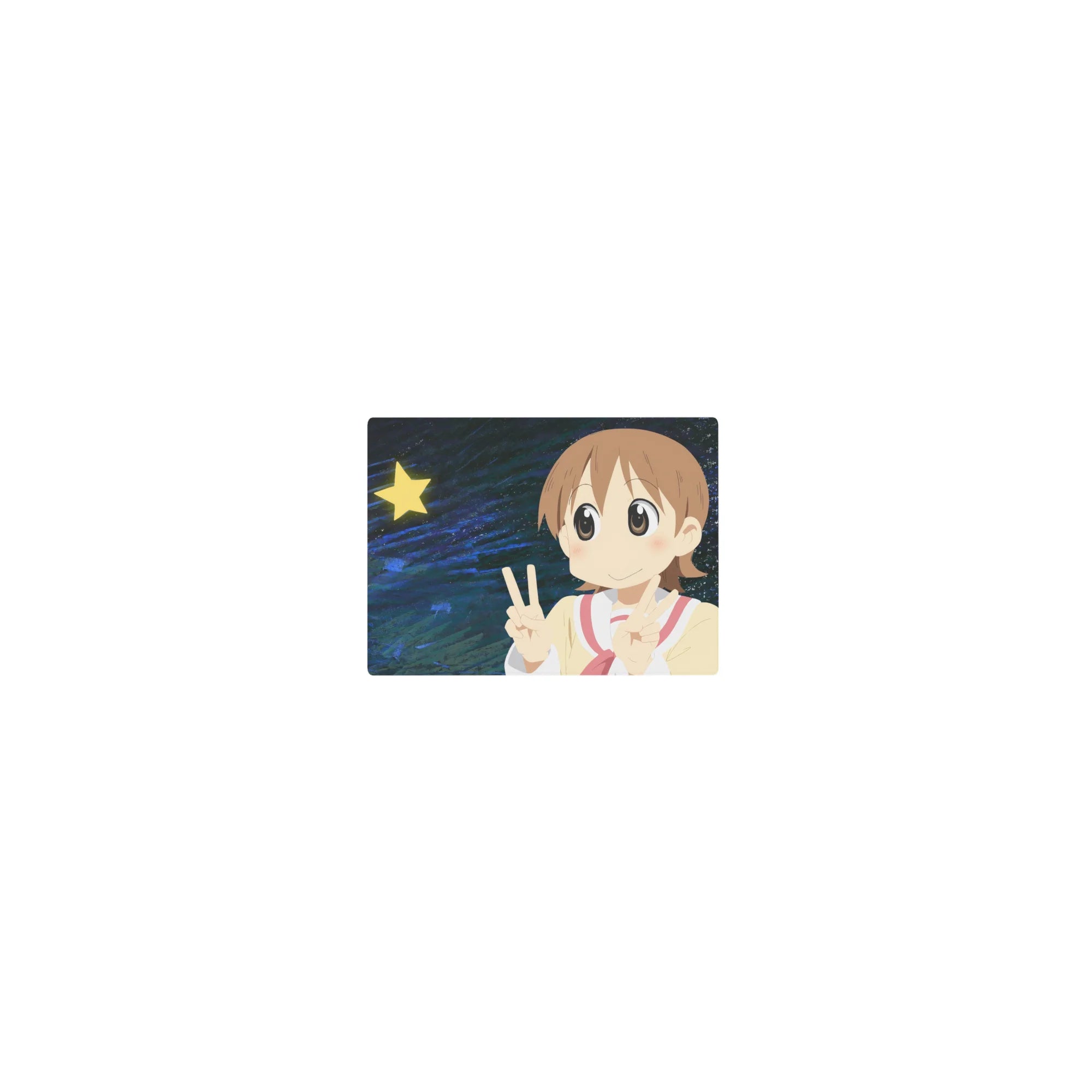 Classic anime girl mouse pad 14x10 inches with double peace sign, sailor top, star, and swirled backdrop.