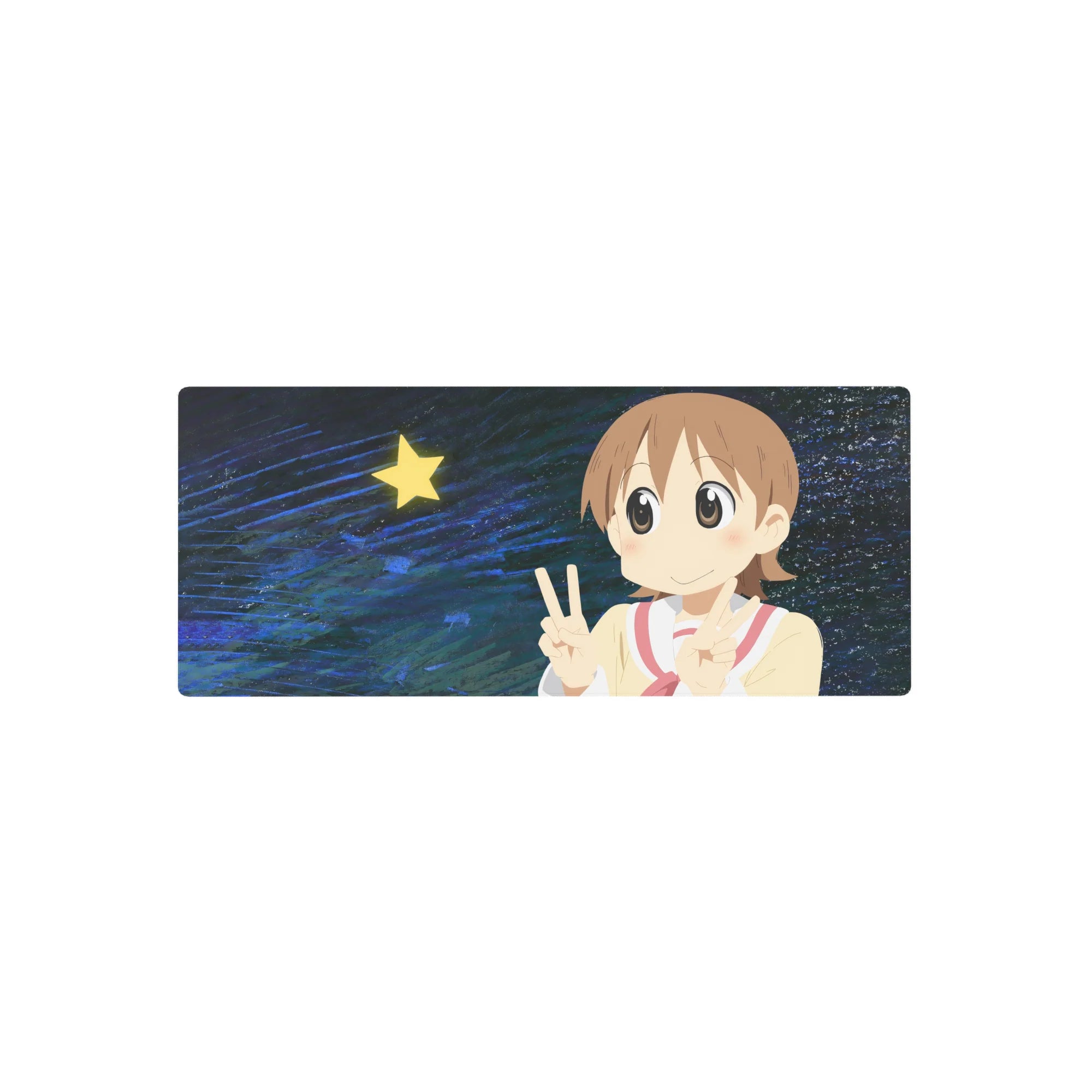 Anime girl mouse pad 28x12 inches with double peace sign, sailor top, and starry midnight-blue backdrop.