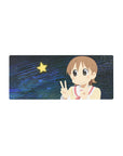 Anime girl mouse pad 28x12 inches with double peace sign, sailor top, and starry midnight-blue backdrop.