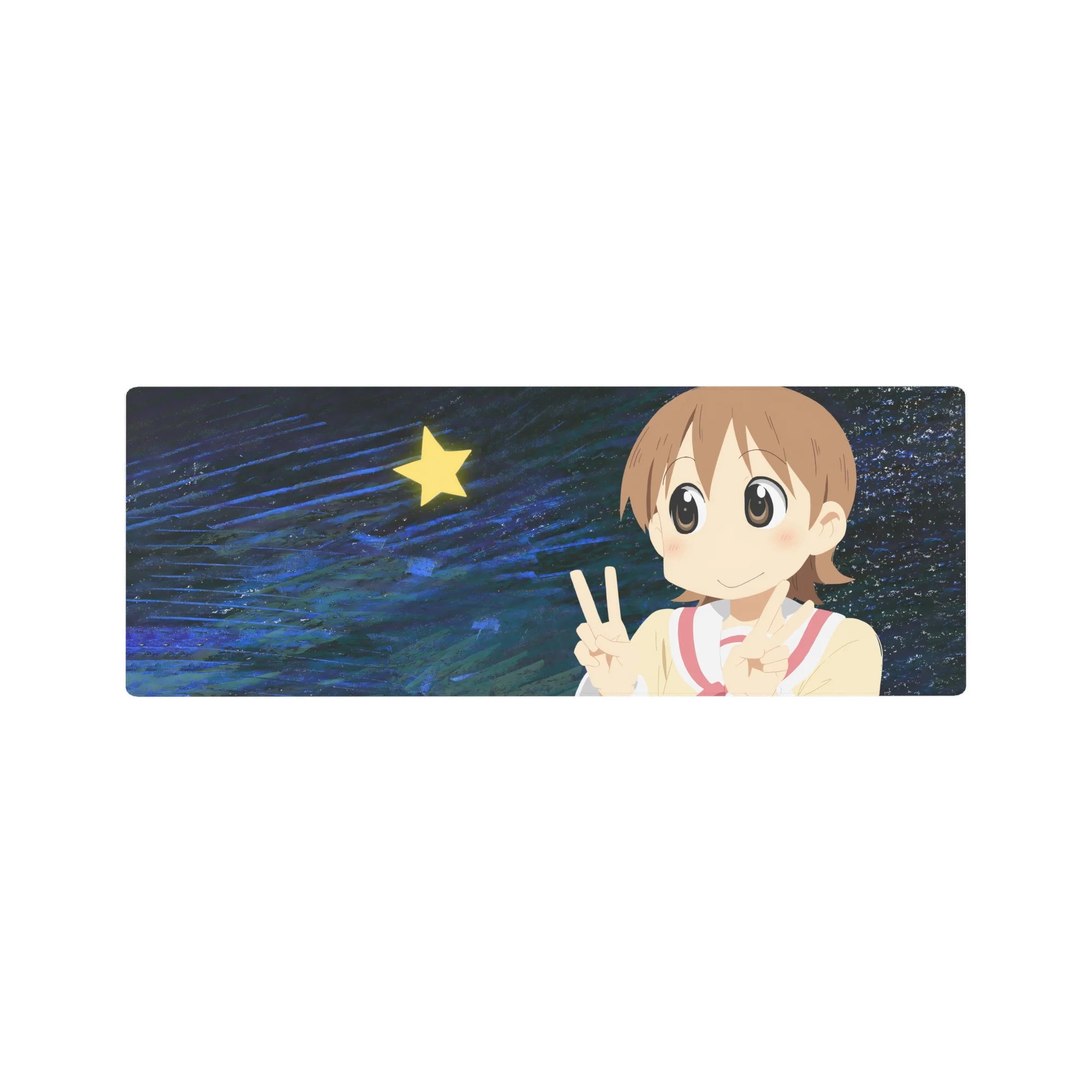 Anime girl mouse pad 32x12 inches with double peace sign, sailor top, star, and swirl night backdrop.