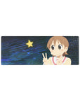 Anime girl mouse pad 32x12 inches with double peace sign, sailor top, star, and swirl night backdrop.