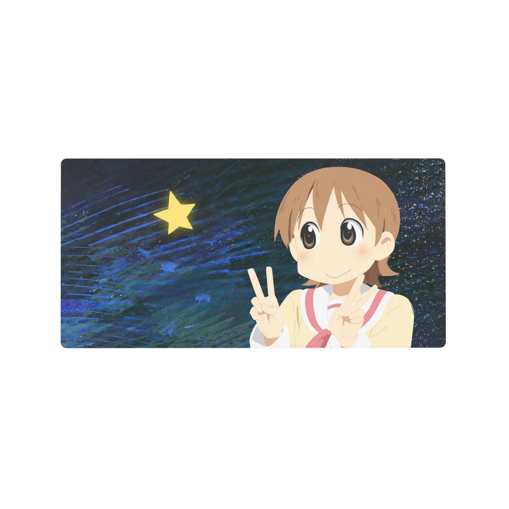 Anime girl mouse pad 32x16 inches with sailor top, red tie, peace signs, and starry midnight backdrop.