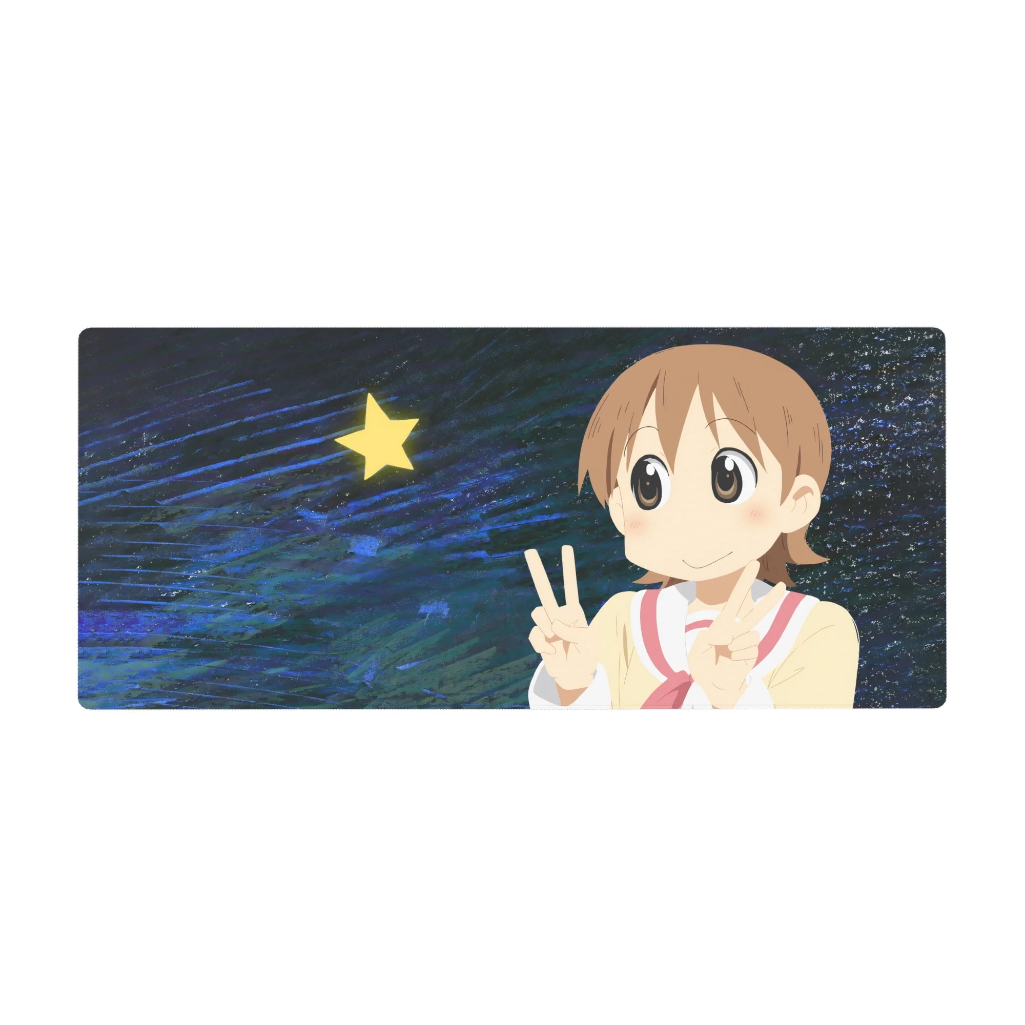 Anime girl desk pad 36x16 inches with double peace sign, sailor top, star, and midnight-blue backdrop.