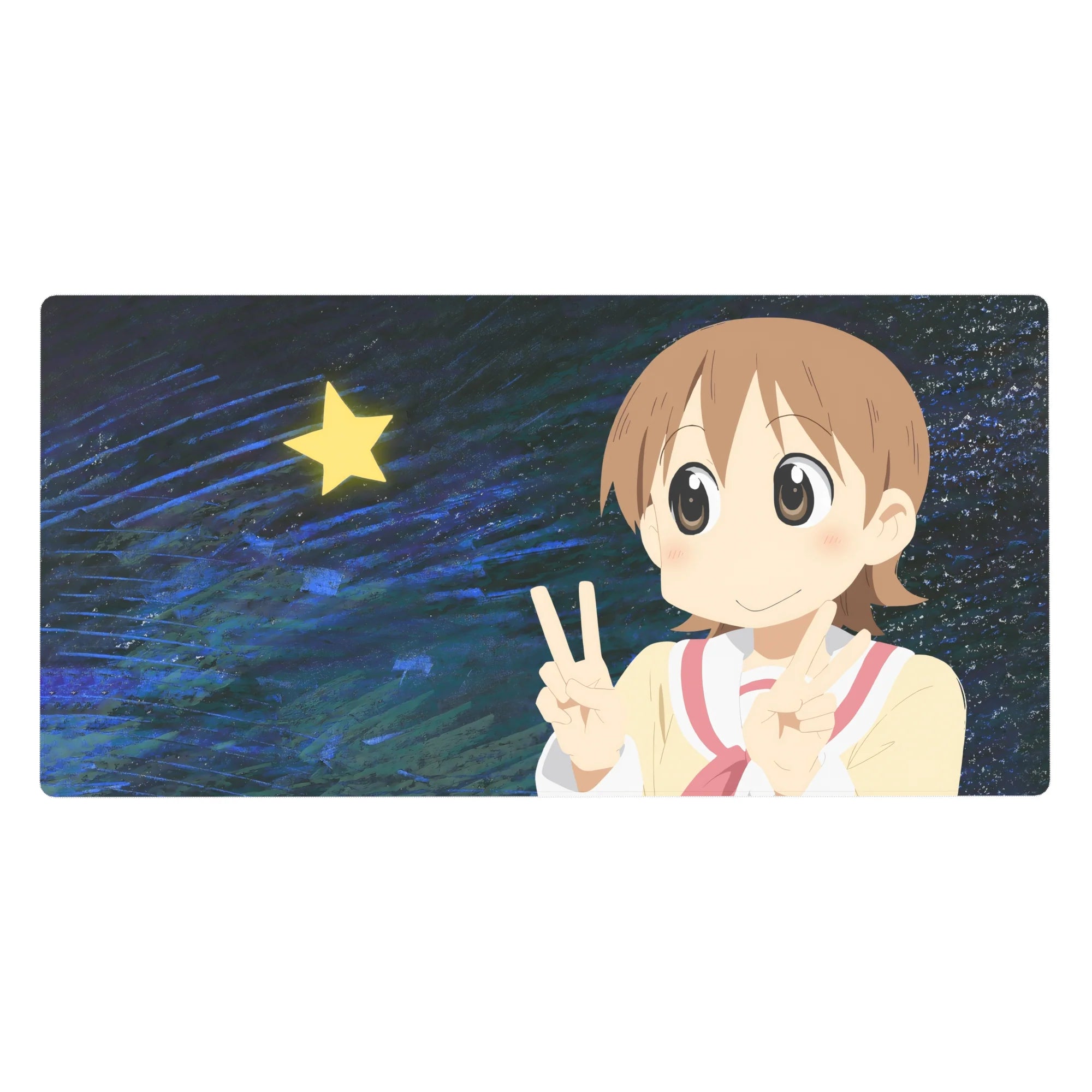 Anime girl desk pad 40x20 inches with double peace sign, sailor top, star, midnight-blue swirl background.