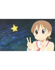 Anime girl desk pad 40x20 inches with double peace sign, sailor top, star, midnight-blue swirl background.