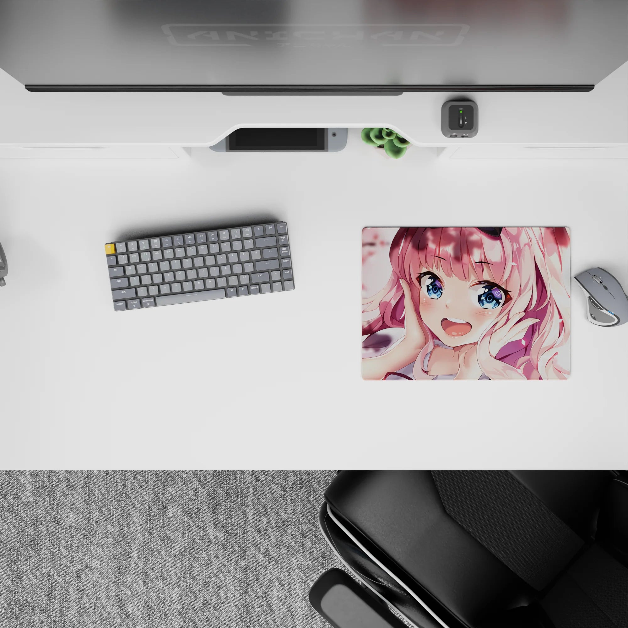 Soft blush and creamy white 14x10 inches anime mouse pad, springtime crush vibe, bright print.