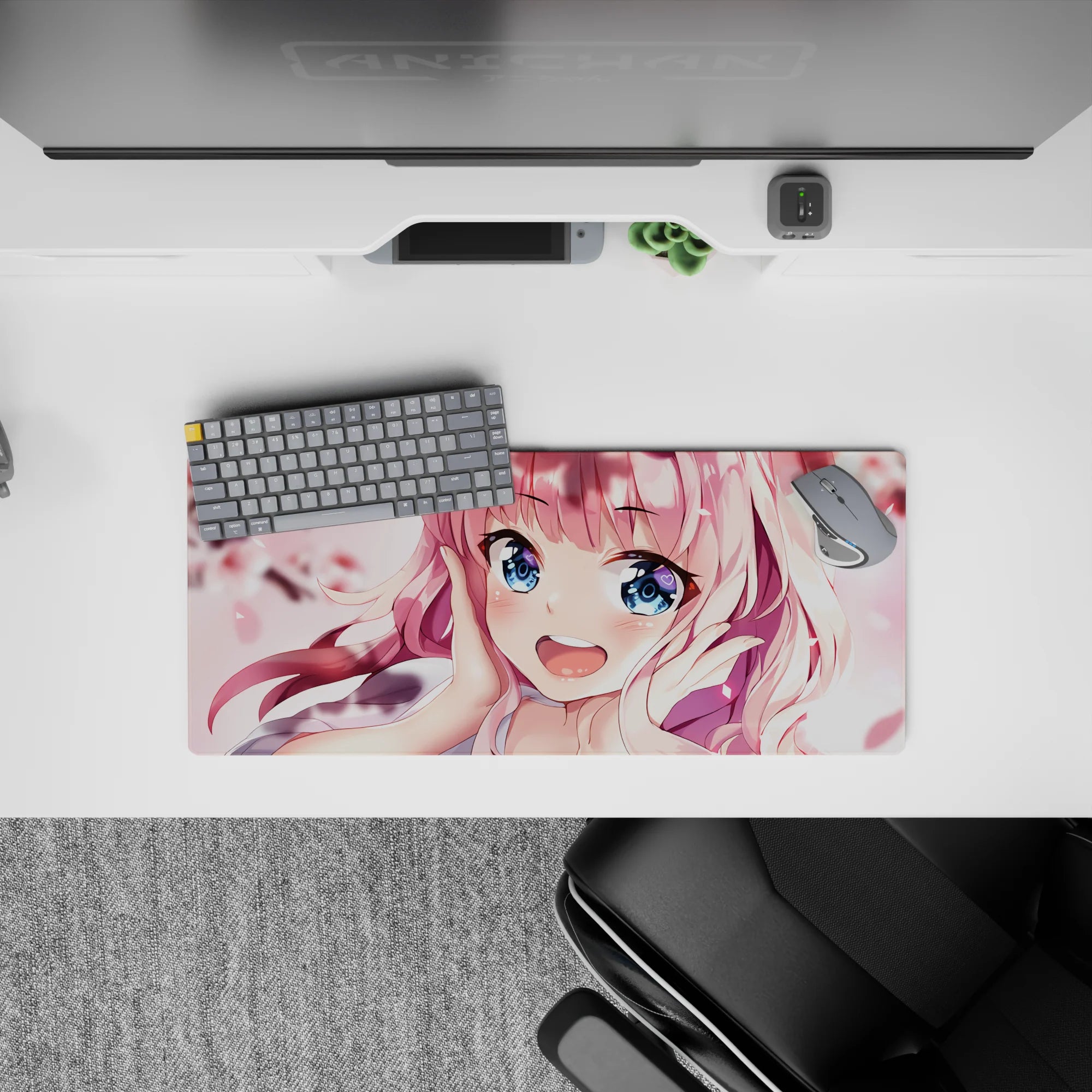 28x12 inches kawaii desk mat in blush pinks and creamy whites, springtime flirty vibe, bright print.