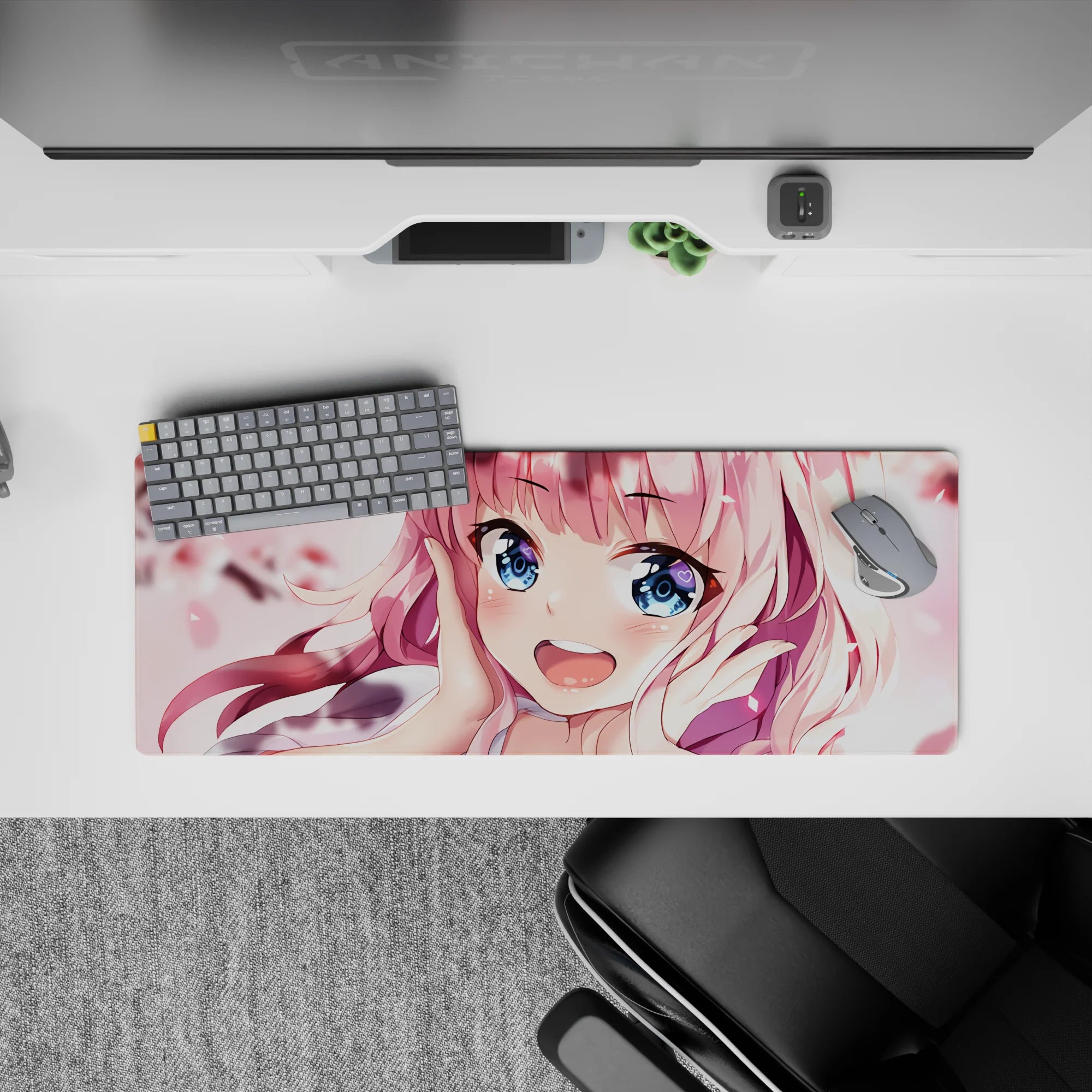 32x12 inches anime girl mouse pad in soft blush pinks and creamy whites, cute springtime crush vibe.