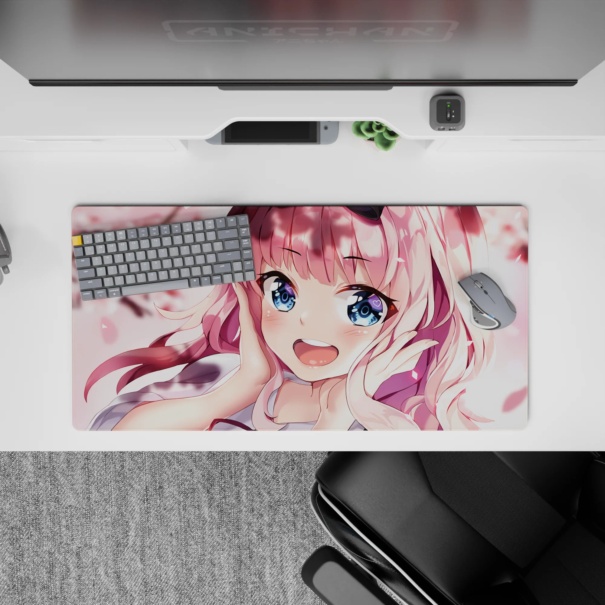 32x16 inches kawaii mouse pad in blush pink and creamy white, springtime crush vibe, bright print.