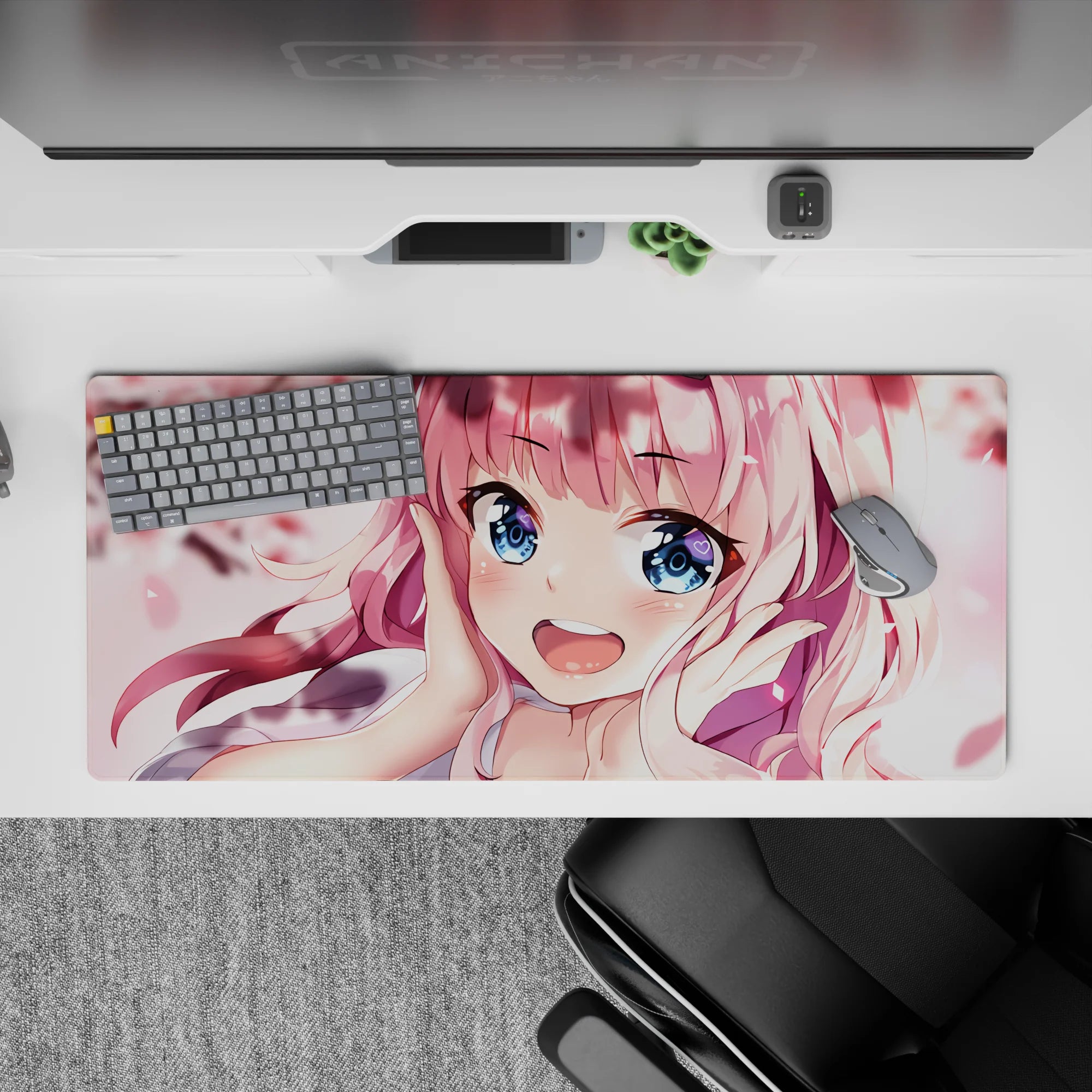 Spring blush and creamy white anime desk pad 36x16 inches, rosy gradients, cute flirty mood.