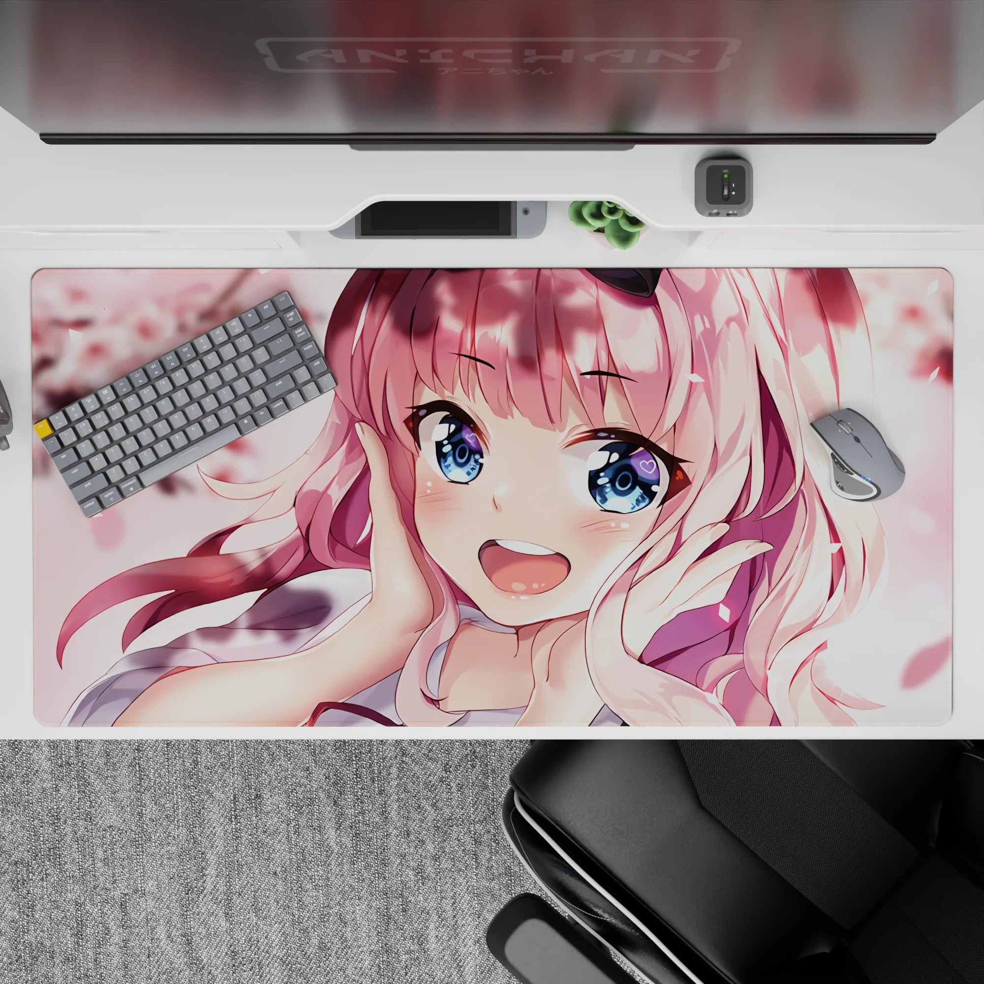 40x20 inches desk pad in blush pink and creamy white, glossy print with a cute springtime crush vibe.