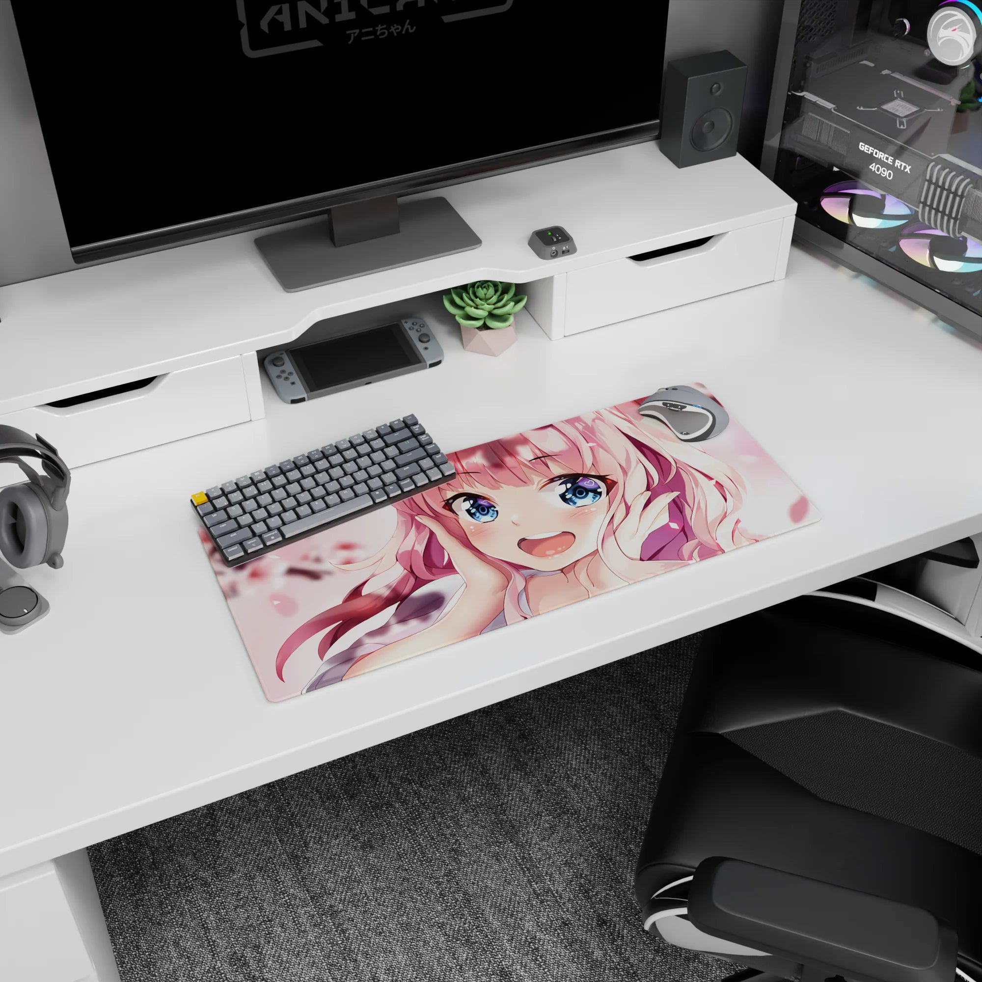 28x12 inches anime mouse pad showing a smiling pink-haired girl with heart highlights amid sakura petals.
