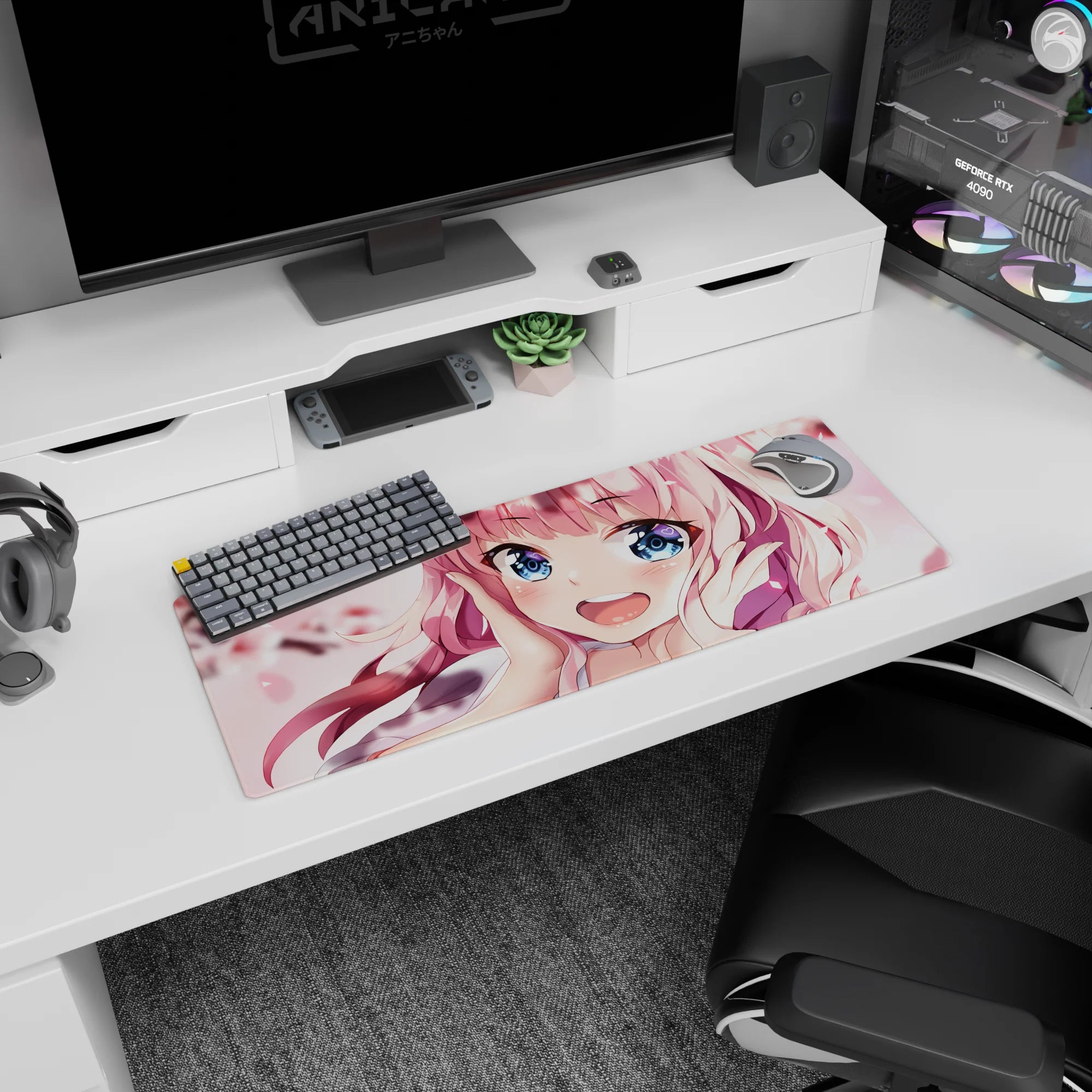 32x12 inches anime girl mouse pad showing bubbly pink-haired girl with heart highlights and drifting sakura.