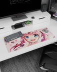 32x12 inches anime girl mouse pad showing bubbly pink-haired girl with heart highlights and drifting sakura.