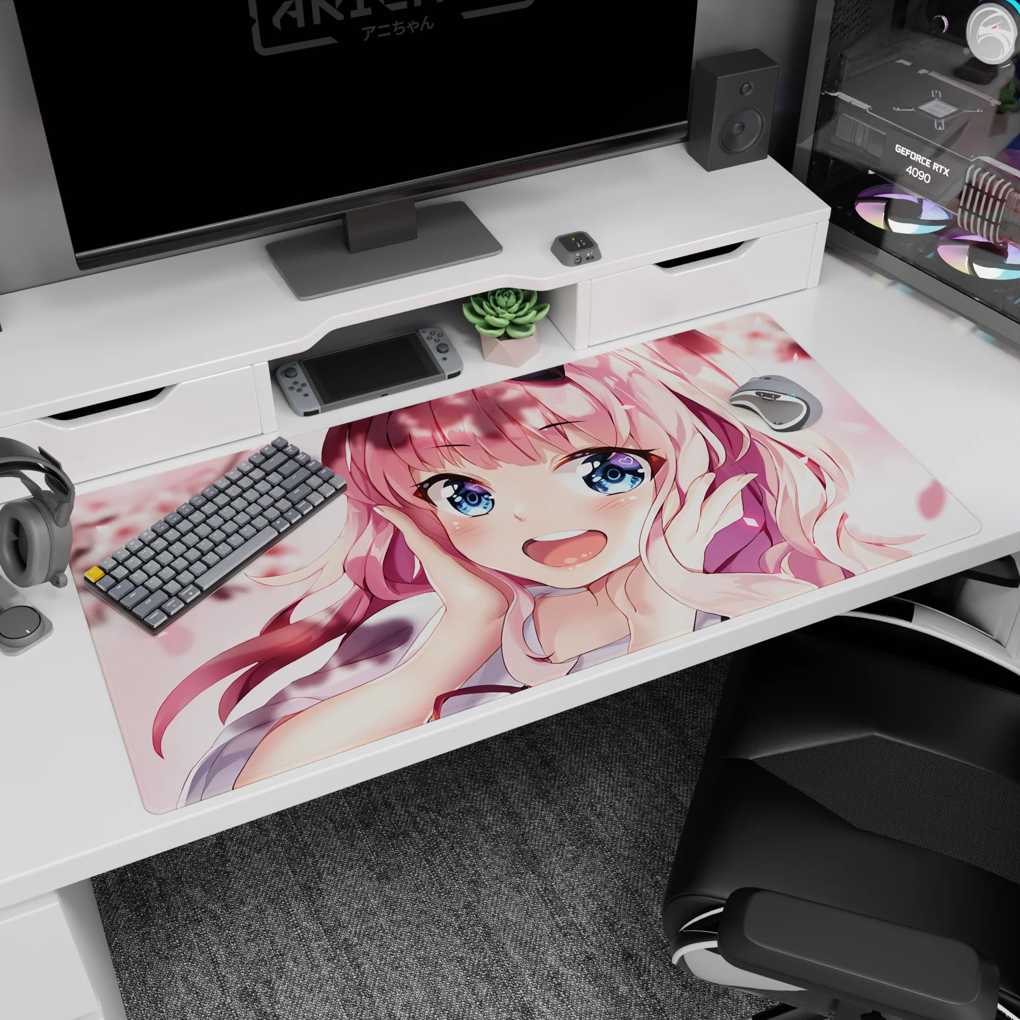 40x20 inches anime mouse pad showing a bubbly pink-haired girl with heart highlights amid drifting petals.