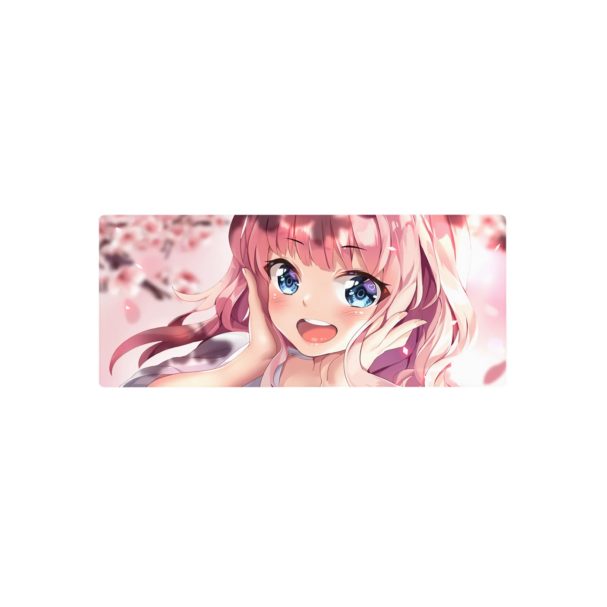 28x12 inches anime girl mouse pad with pink-haired sweetheart, blue eyes, and cherry blossom petals.