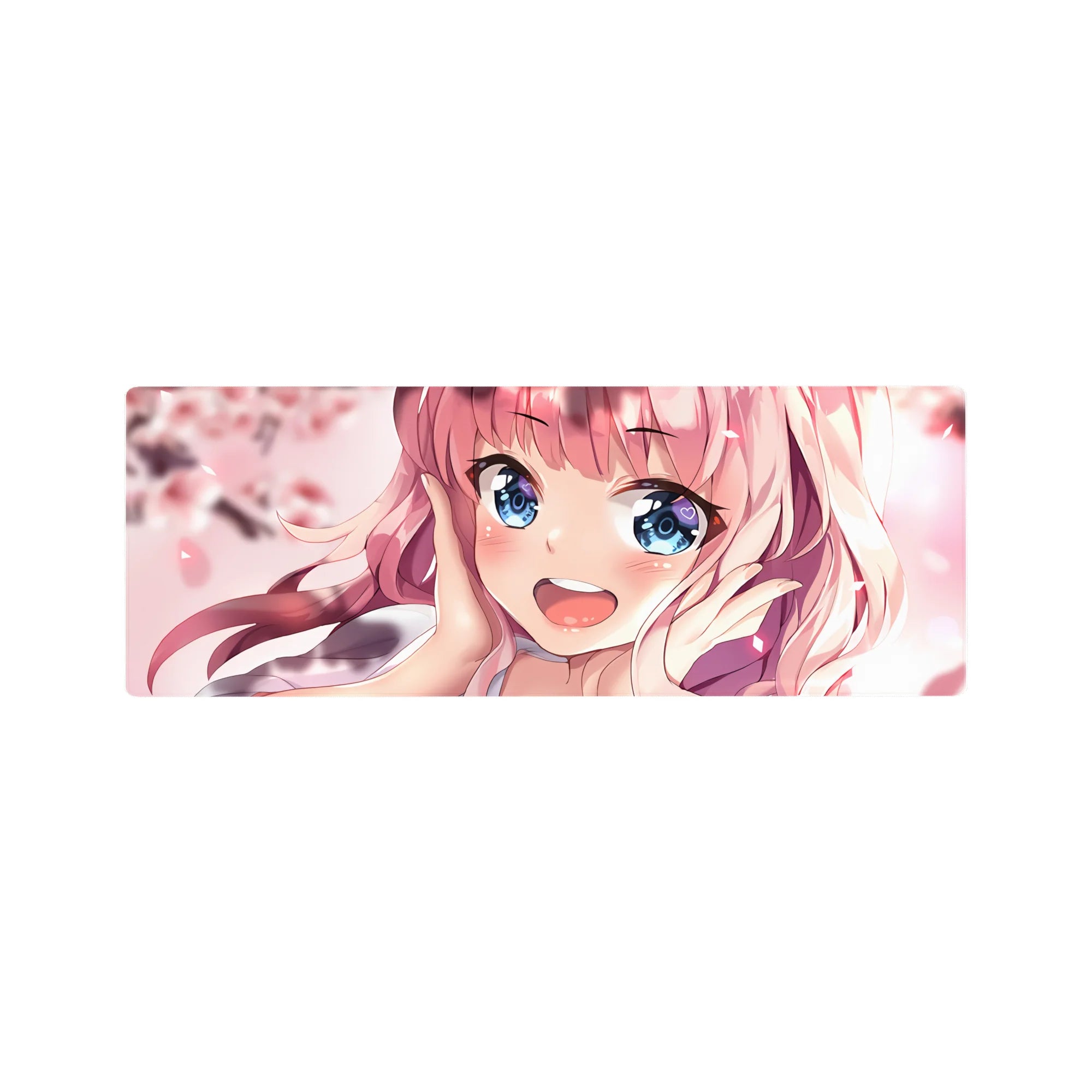 32x12 inches anime girl mouse pad with pink-haired sweetheart, blue eyes, and cherry blossom petals.