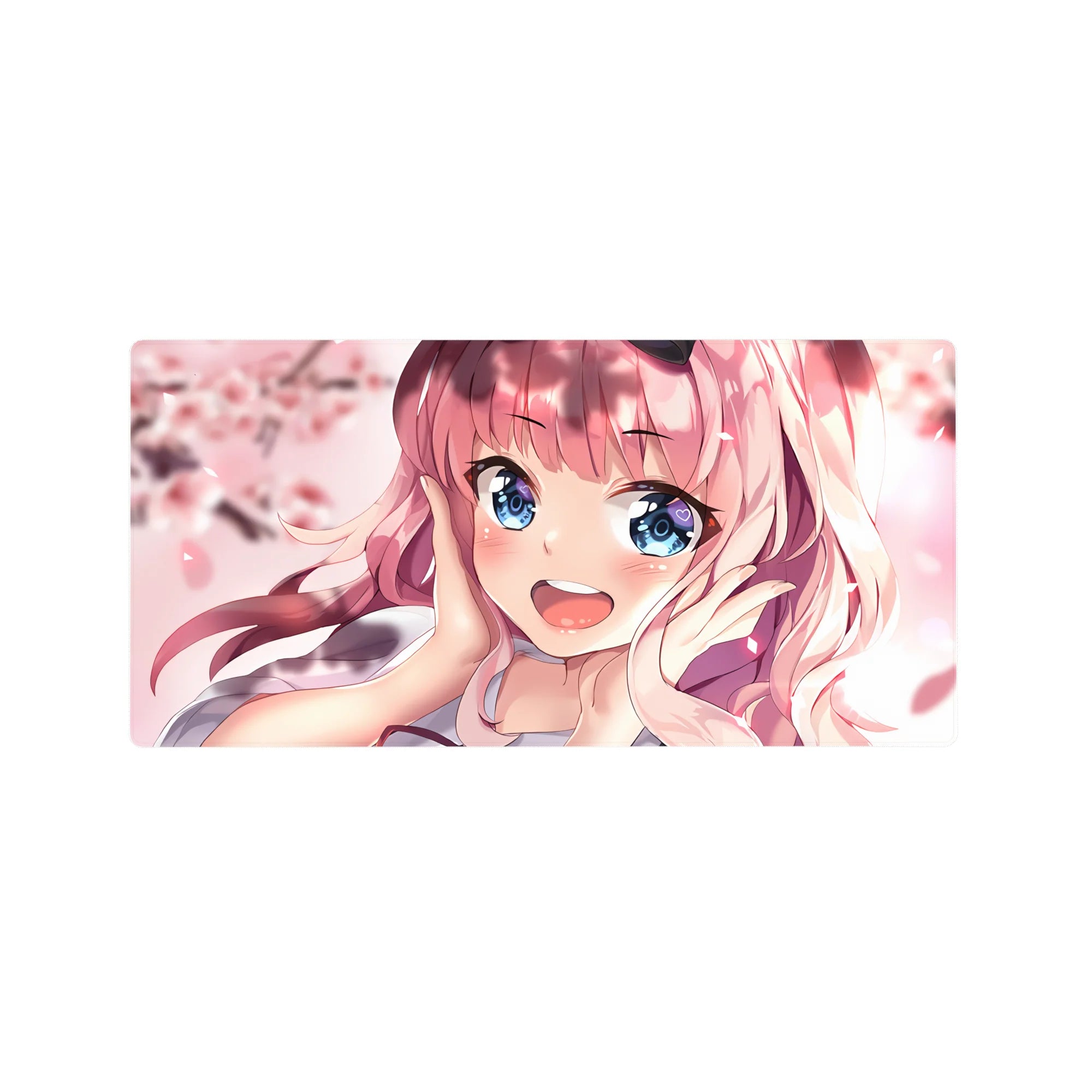 32x16 inches anime girl mouse pad with pink-haired sweetheart, blue eyes, and cherry blossom petals.
